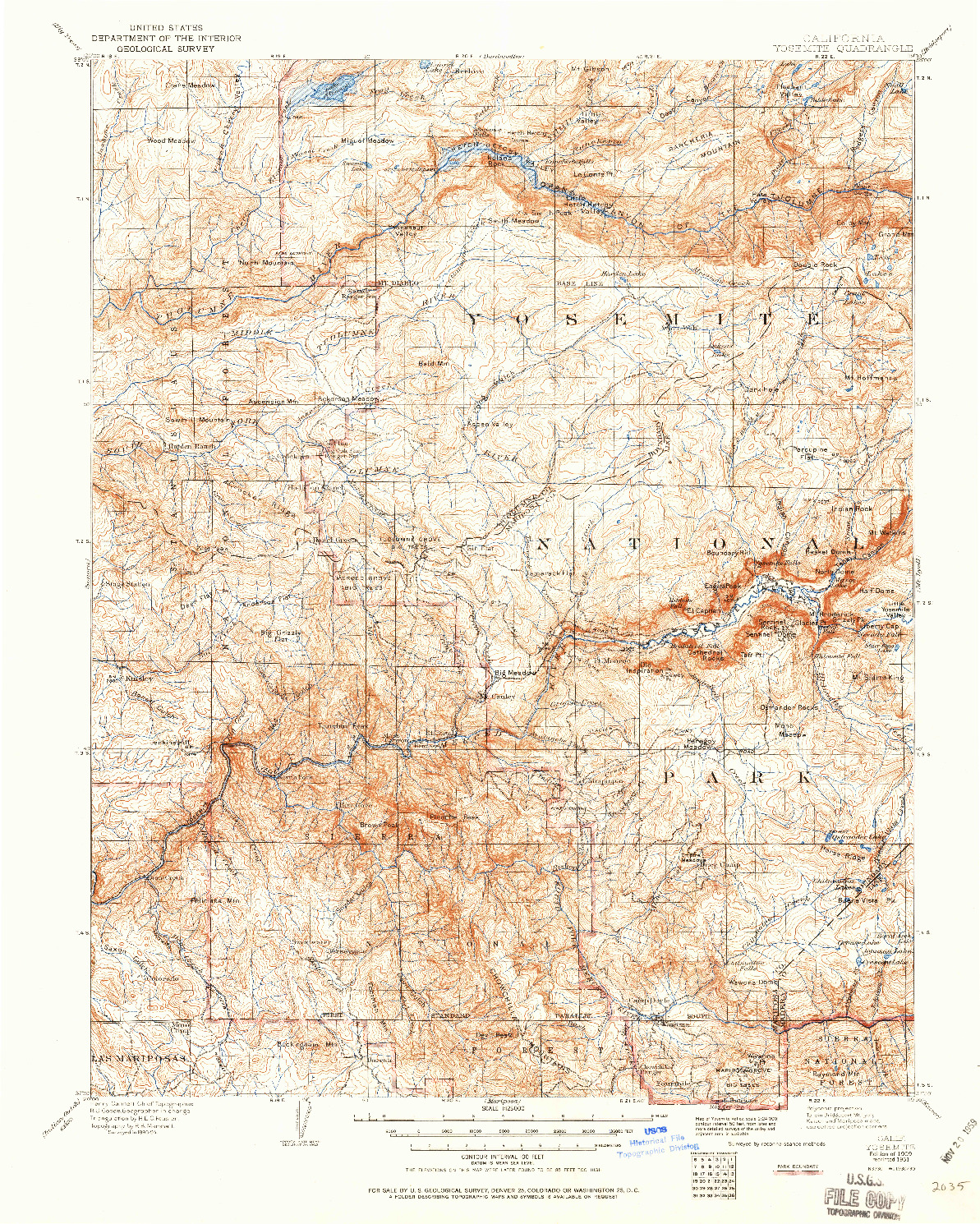 USGS 1:125000-SCALE QUADRANGLE FOR YOSEMITE, CA 1909