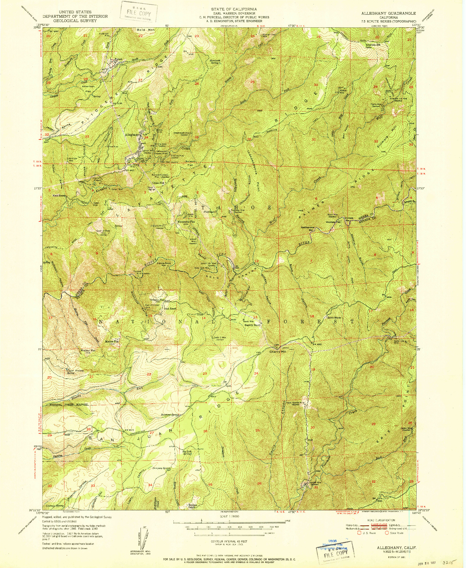 USGS 1:24000-SCALE QUADRANGLE FOR ALLEGHANY, CA 1951