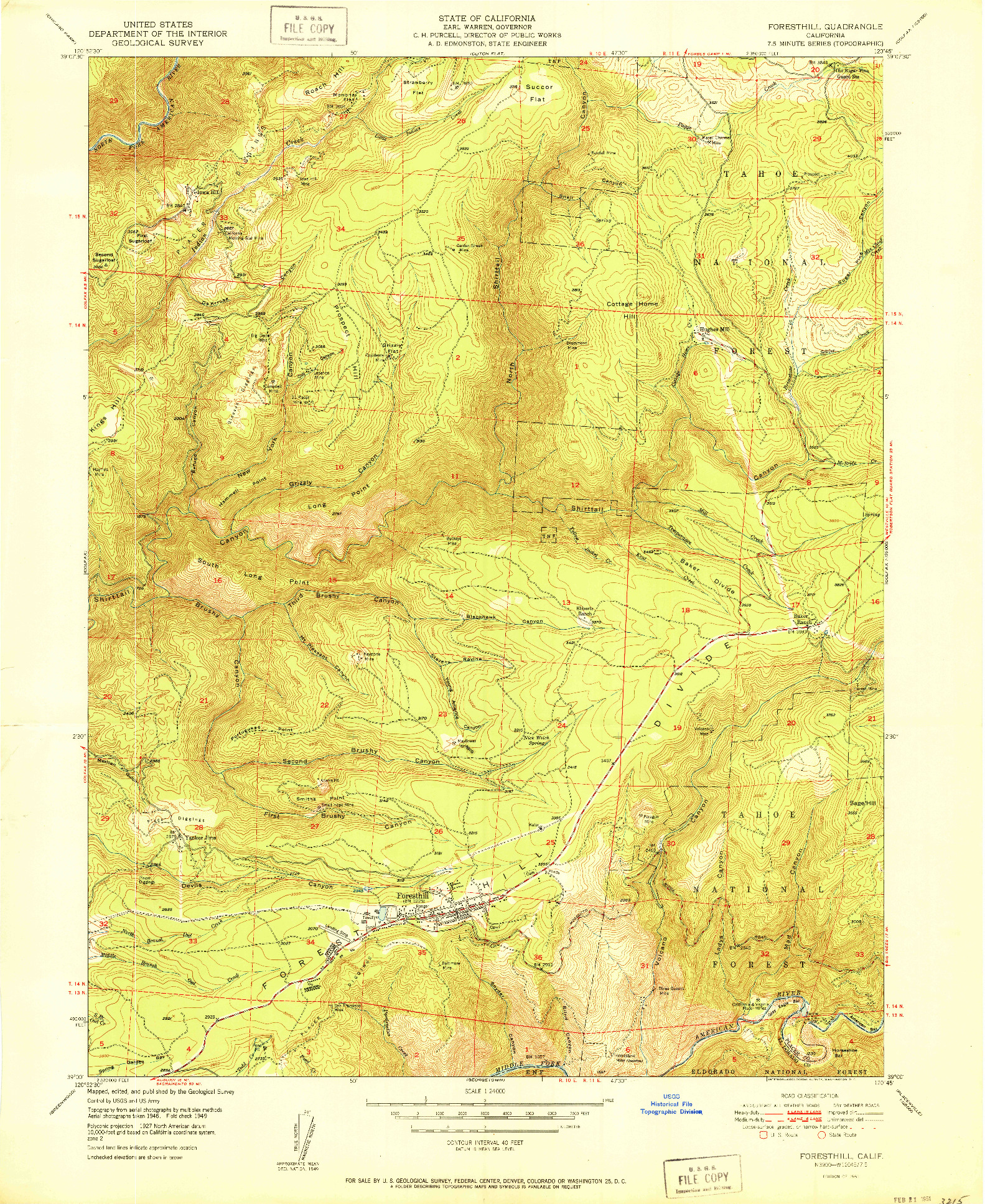 USGS 1:24000-SCALE QUADRANGLE FOR FORESTHILL, CA 1951