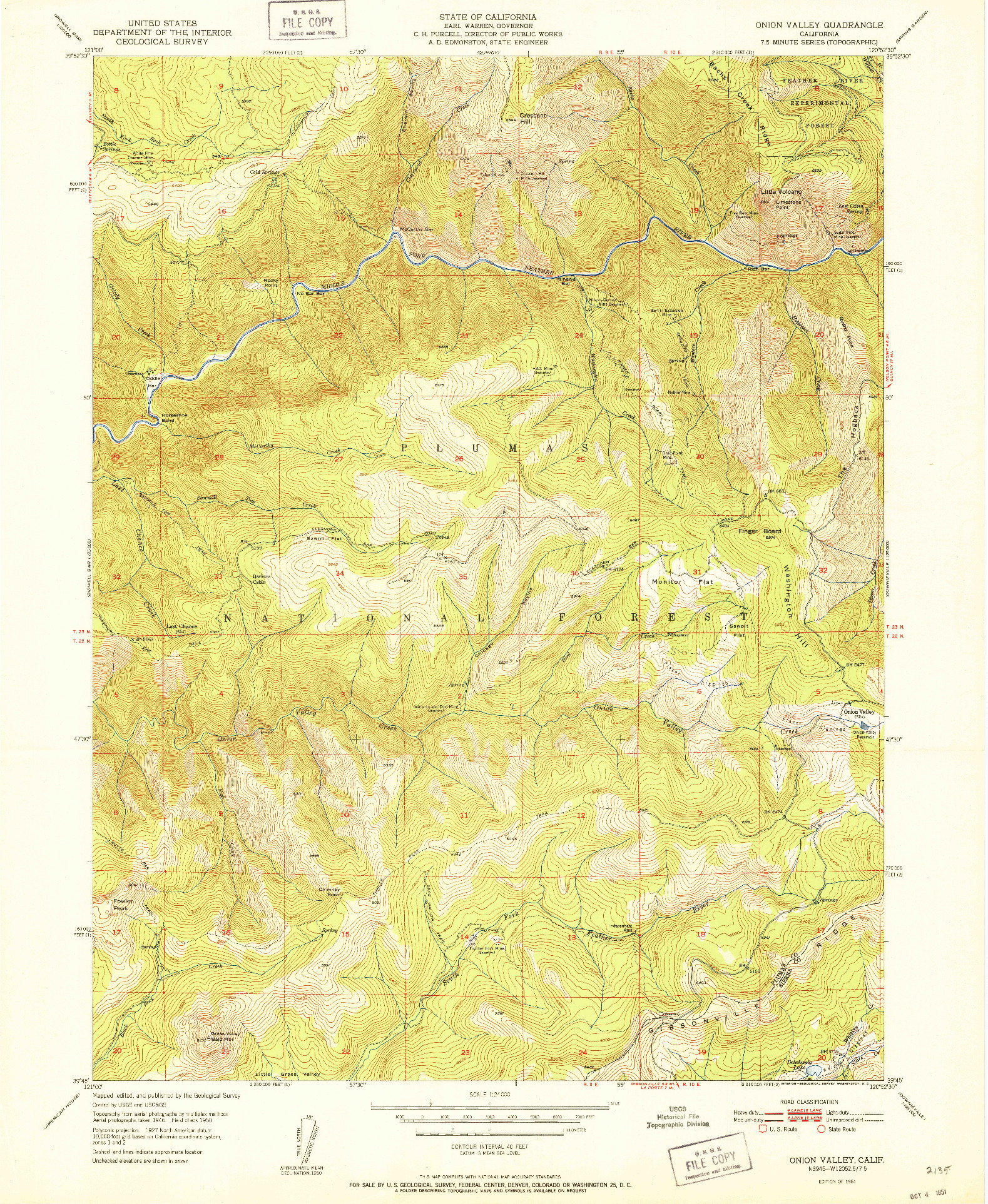 USGS 1:24000-SCALE QUADRANGLE FOR ONION VALLEY, CA 1951