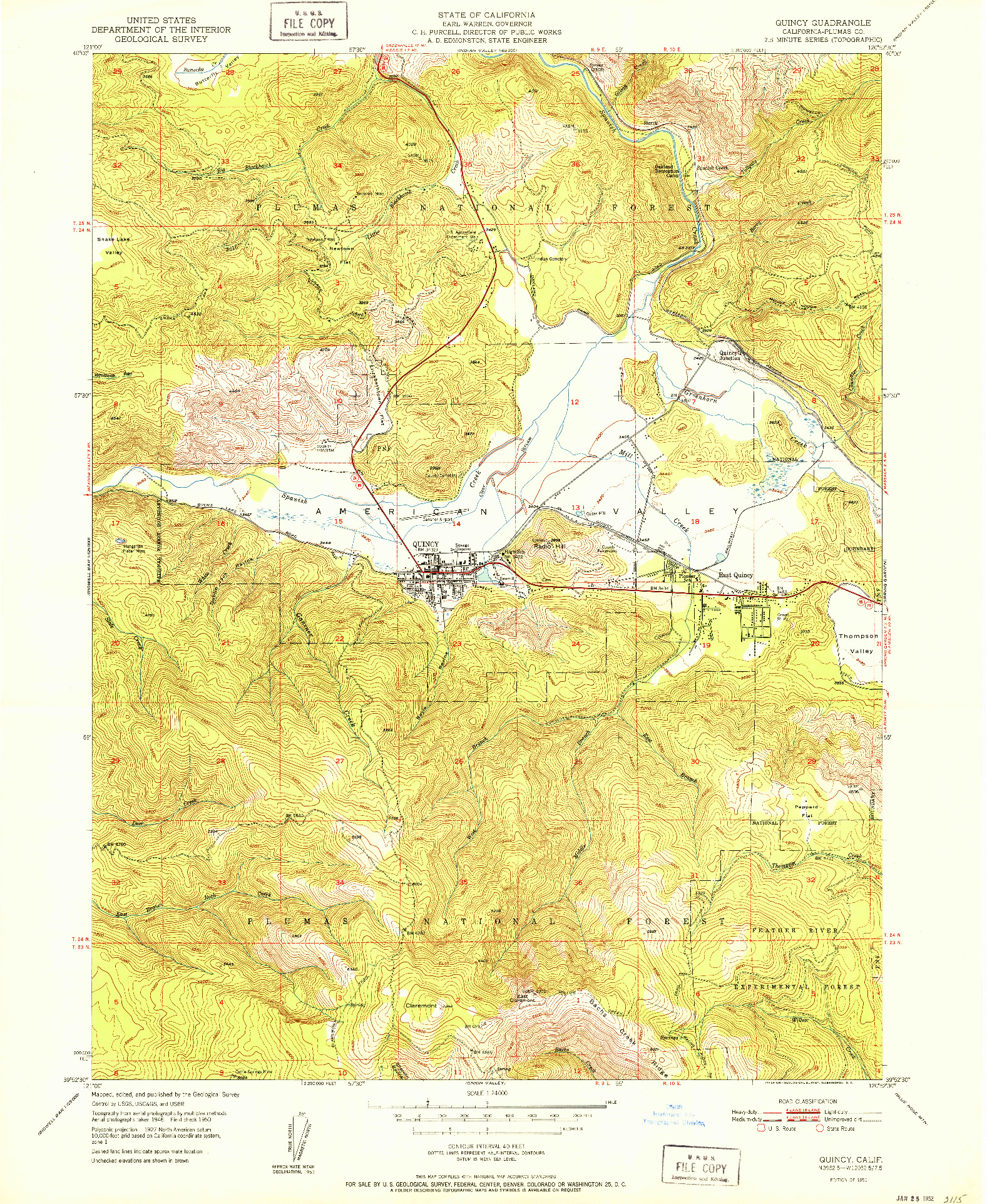 USGS 1:24000-SCALE QUADRANGLE FOR QUINCY, CA 1951