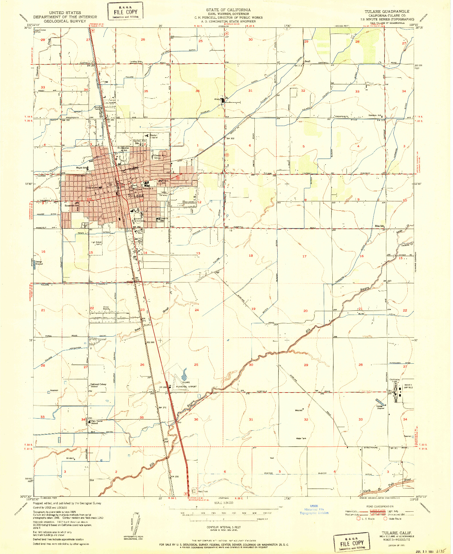 USGS 1:24000-SCALE QUADRANGLE FOR TULARE, CA 1951