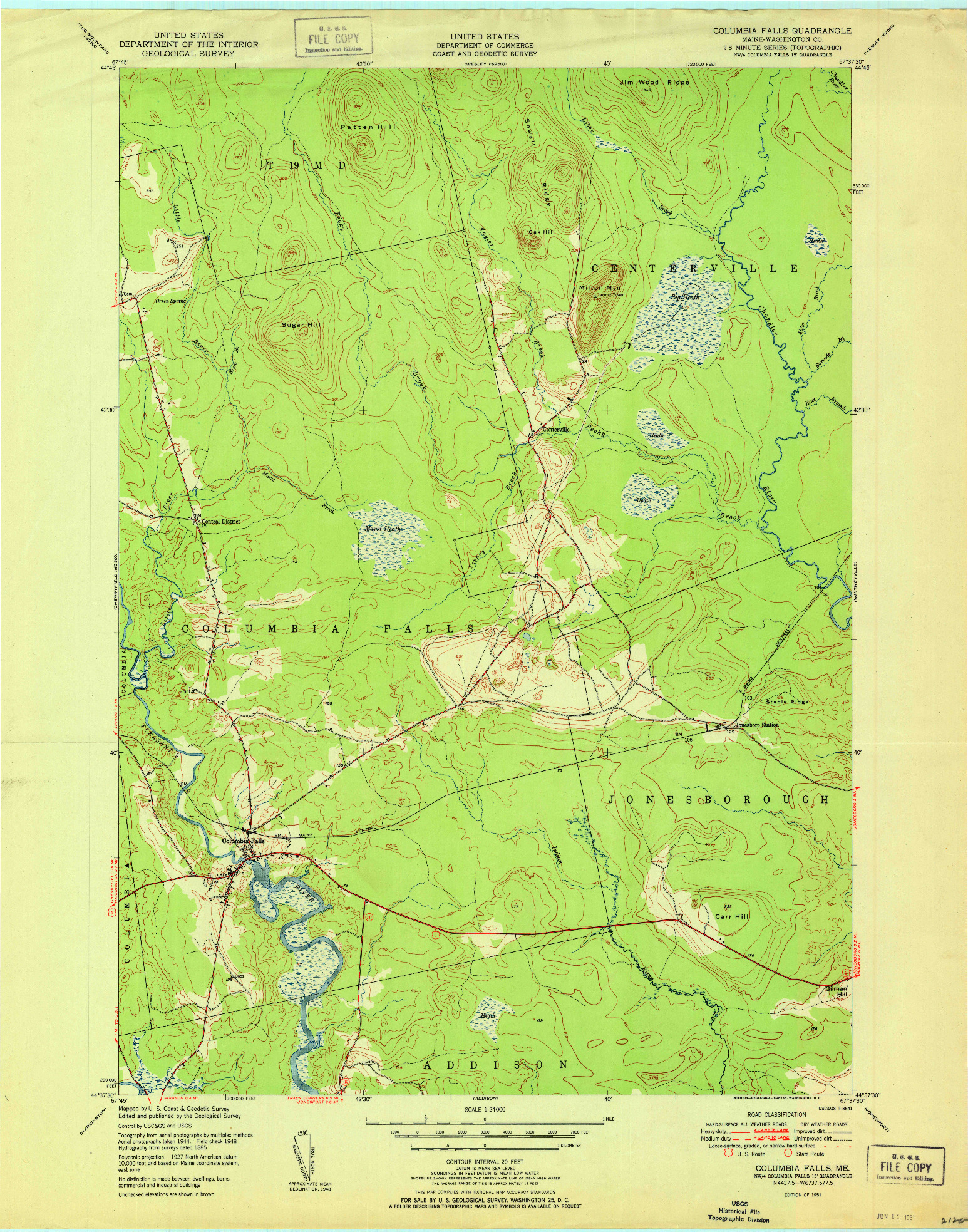 USGS 1:24000-SCALE QUADRANGLE FOR COLUMBIA FALLS, ME 1951