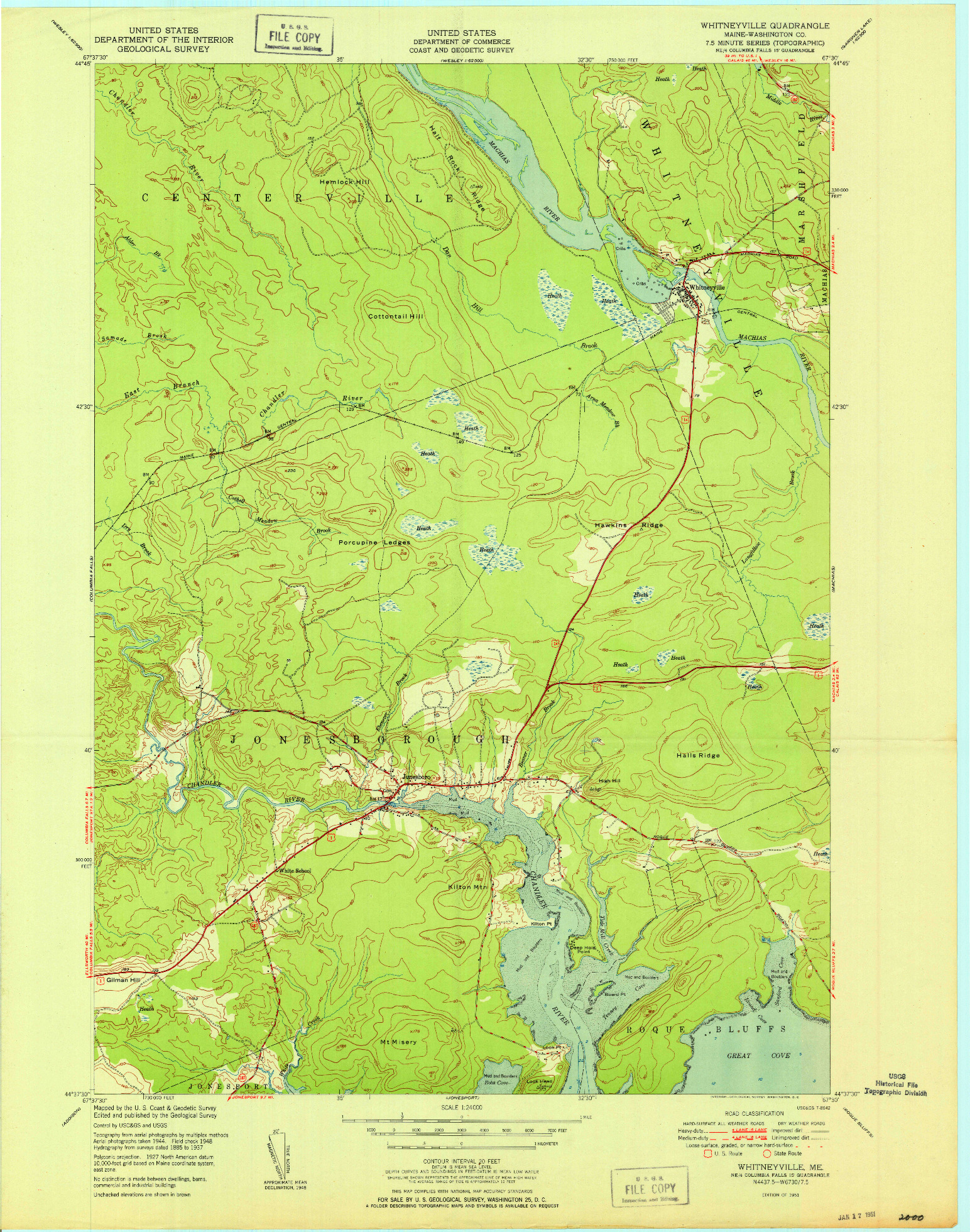 USGS 1:24000-SCALE QUADRANGLE FOR WHITNEYVILLE, ME 1951