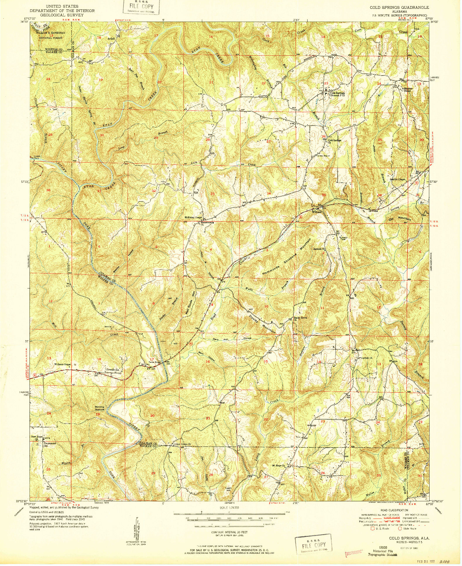 USGS 1:24000-SCALE QUADRANGLE FOR COLD SPRINGS, AL 1951