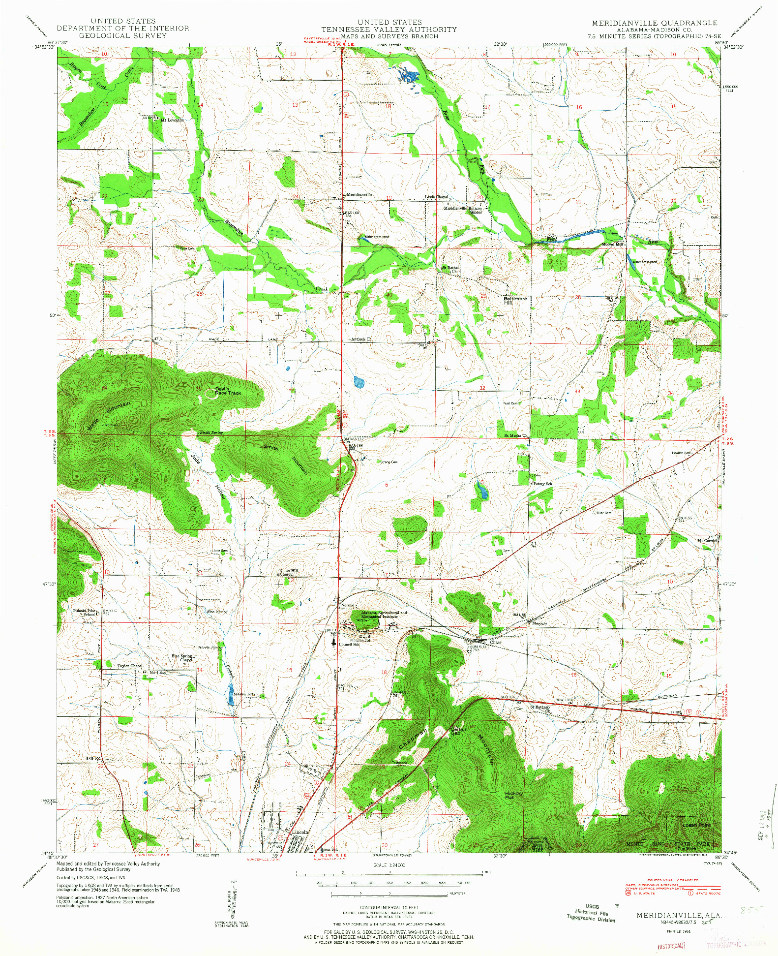 USGS 1:24000-SCALE QUADRANGLE FOR MERIDIANVILLE, AL 1951