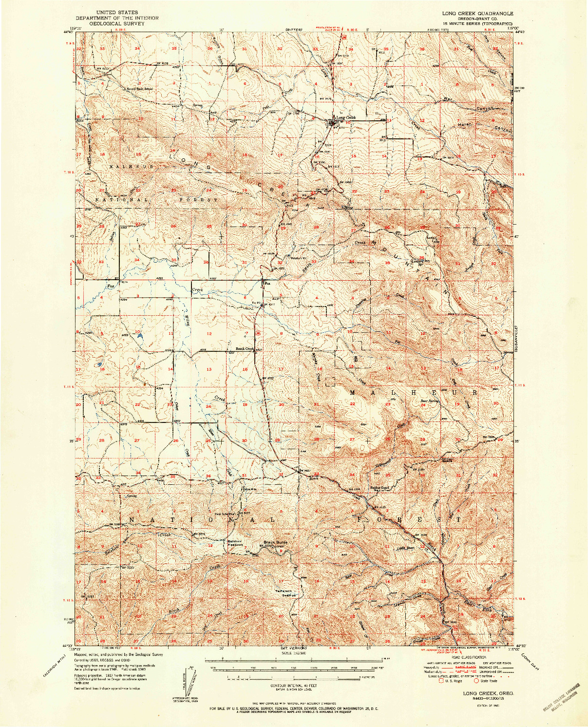 USGS 1:62500-SCALE QUADRANGLE FOR LONG CREEK, OR 1951