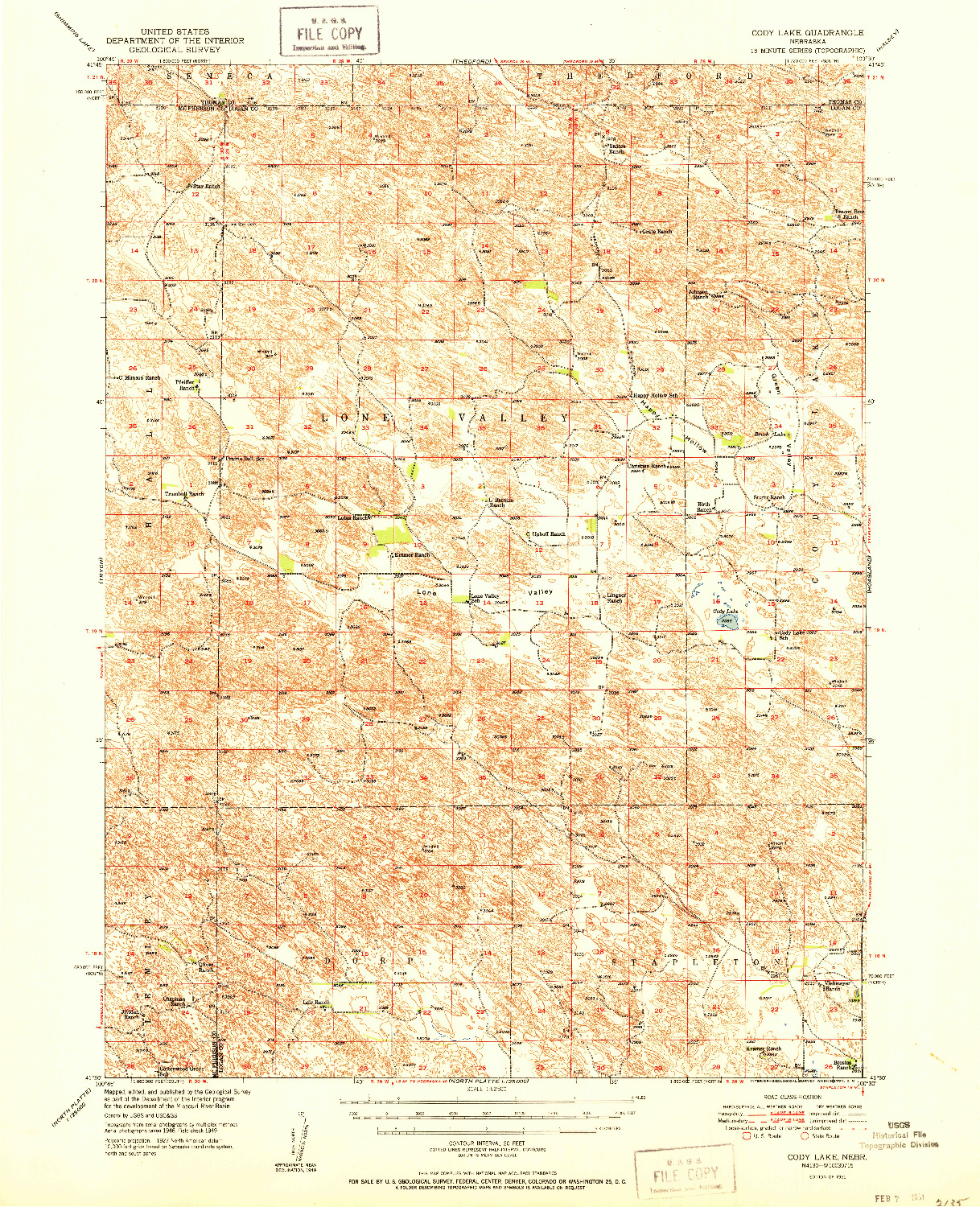 USGS 1:62500-SCALE QUADRANGLE FOR CODY LAKE, NE 1951