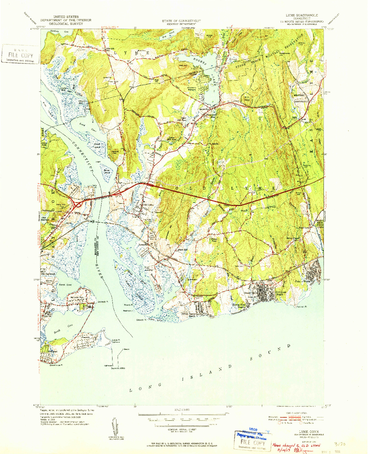 USGS 1:31680-SCALE QUADRANGLE FOR LYME, CT 1951