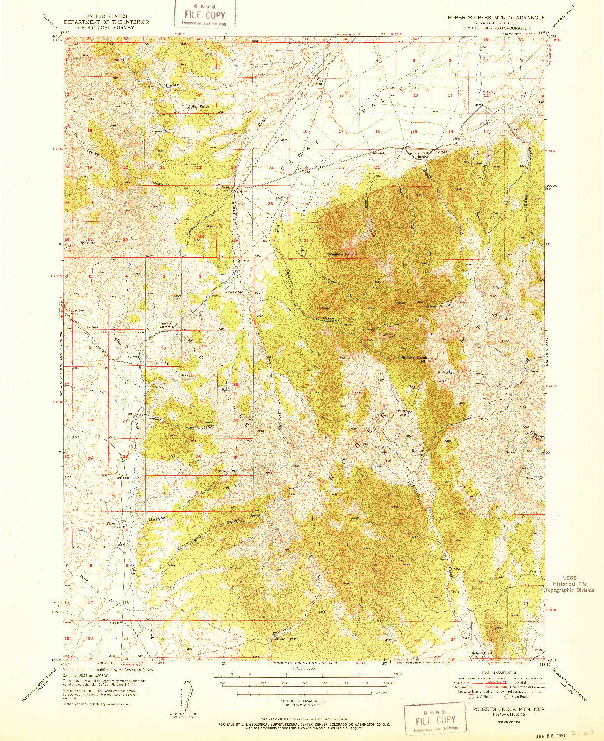 USGS 1:62500-SCALE QUADRANGLE FOR ROBERTS CREEK MTN, NV 1951