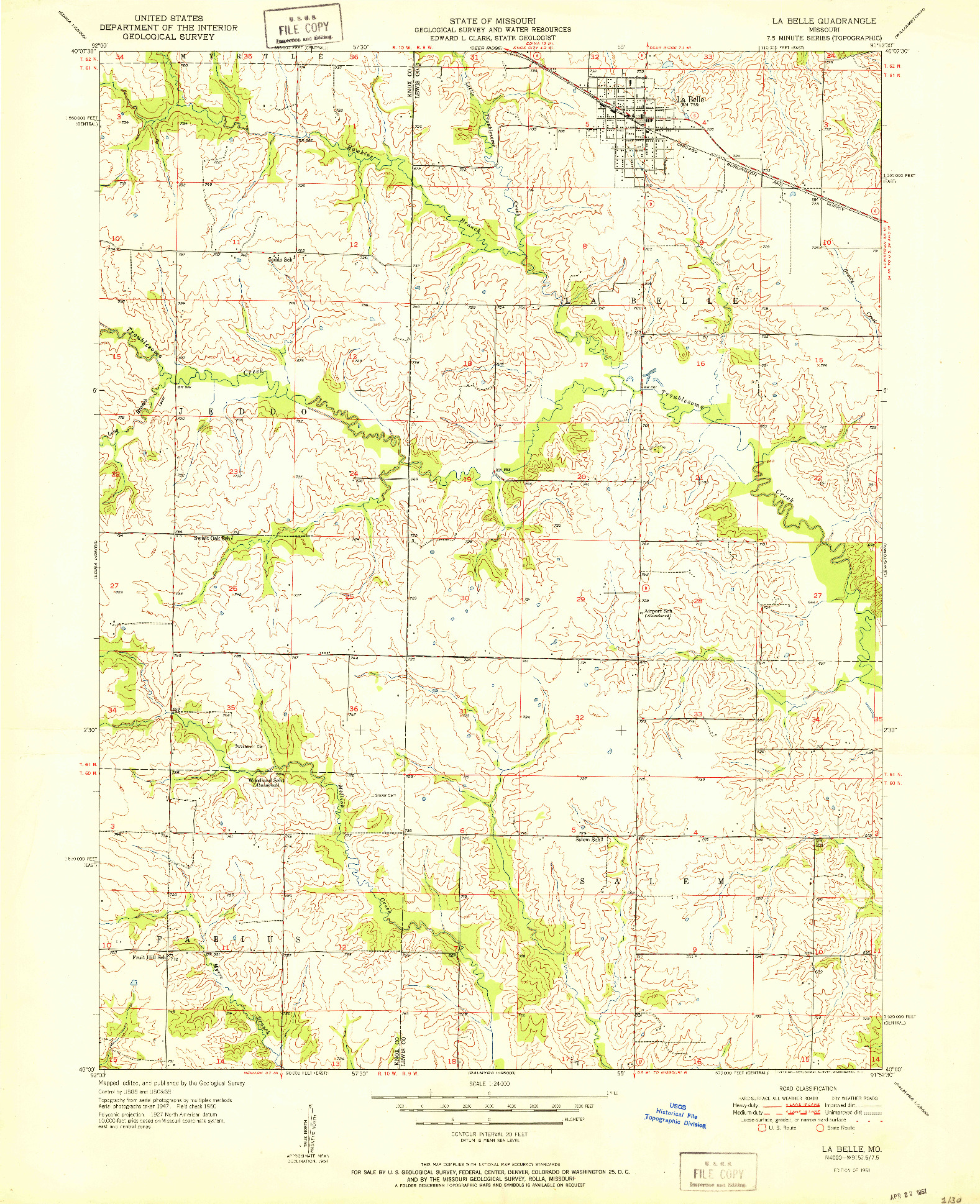USGS 1:24000-SCALE QUADRANGLE FOR LA BELLE, MO 1951