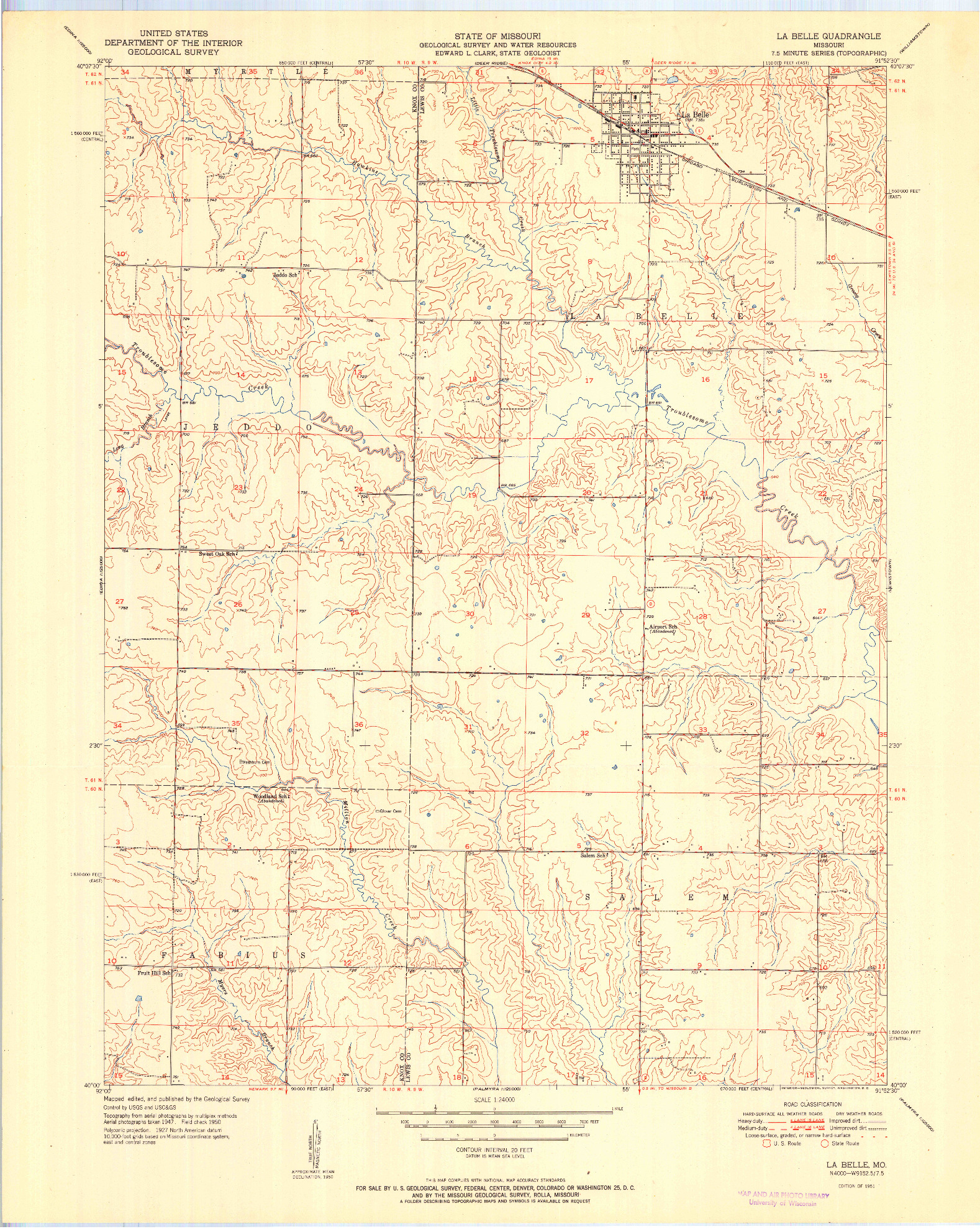 USGS 1:24000-SCALE QUADRANGLE FOR LA BELLE, MO 1951