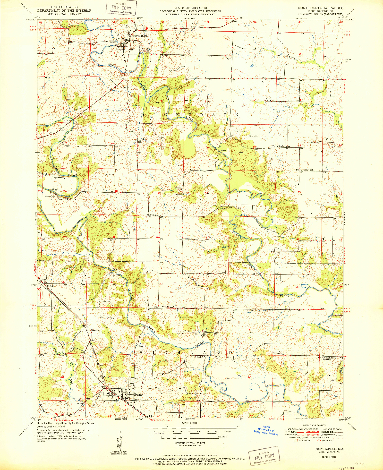 USGS 1:24000-SCALE QUADRANGLE FOR MONTICELLO, MO 1951