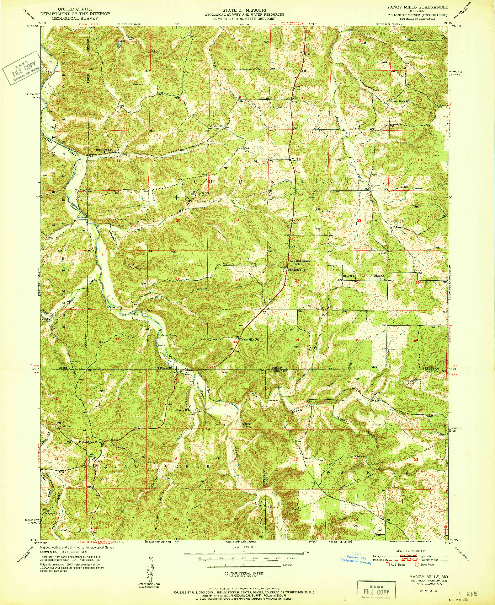 USGS 1:24000-SCALE QUADRANGLE FOR YANCY MILLS, MO 1951