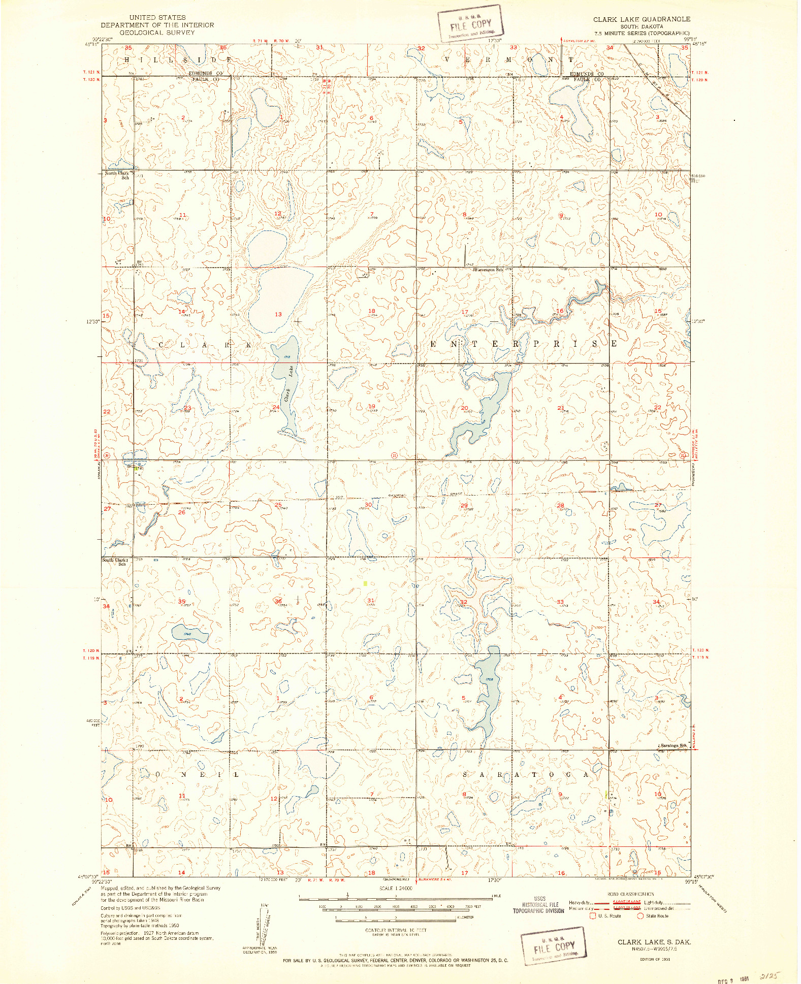 USGS 1:24000-SCALE QUADRANGLE FOR CLARK LAKE, SD 1951