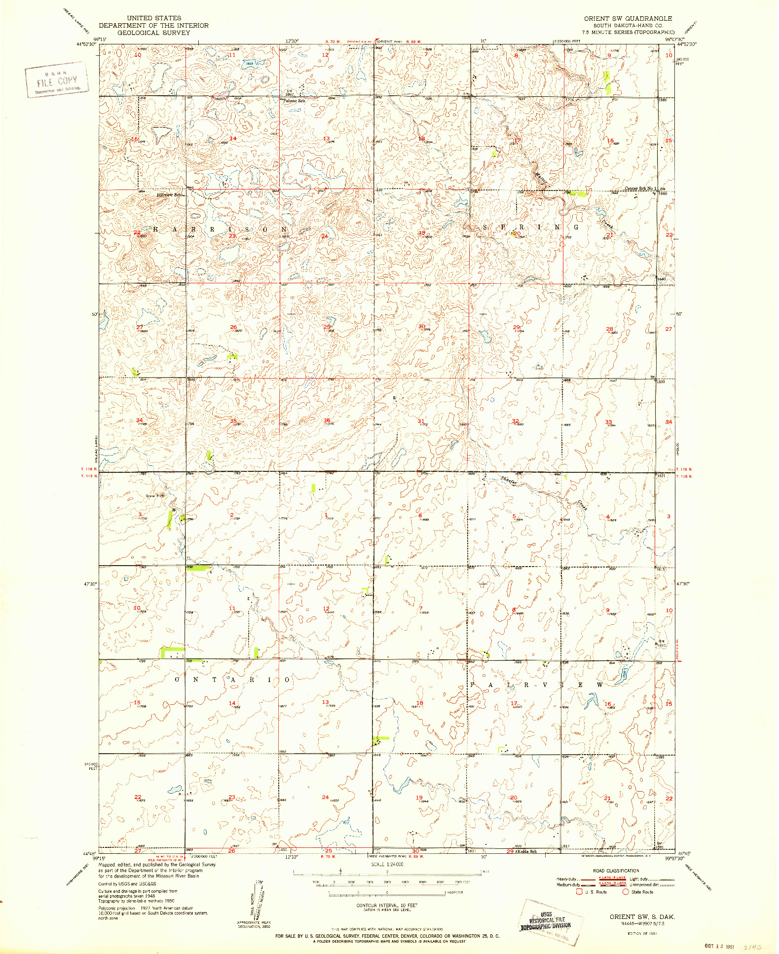 USGS 1:24000-SCALE QUADRANGLE FOR ORIENT SW, SD 1951