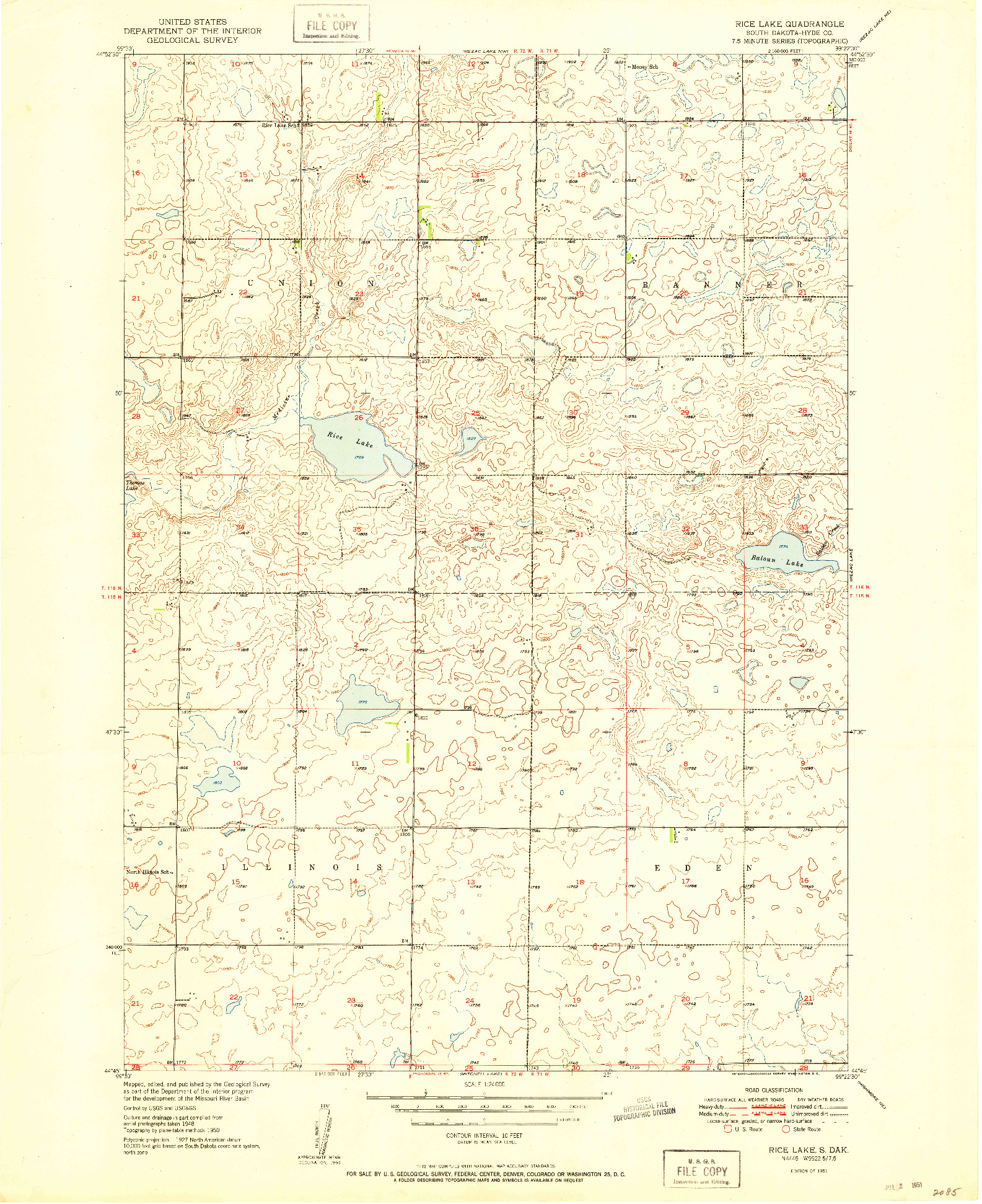 USGS 1:24000-SCALE QUADRANGLE FOR RICE LAKE, SD 1951