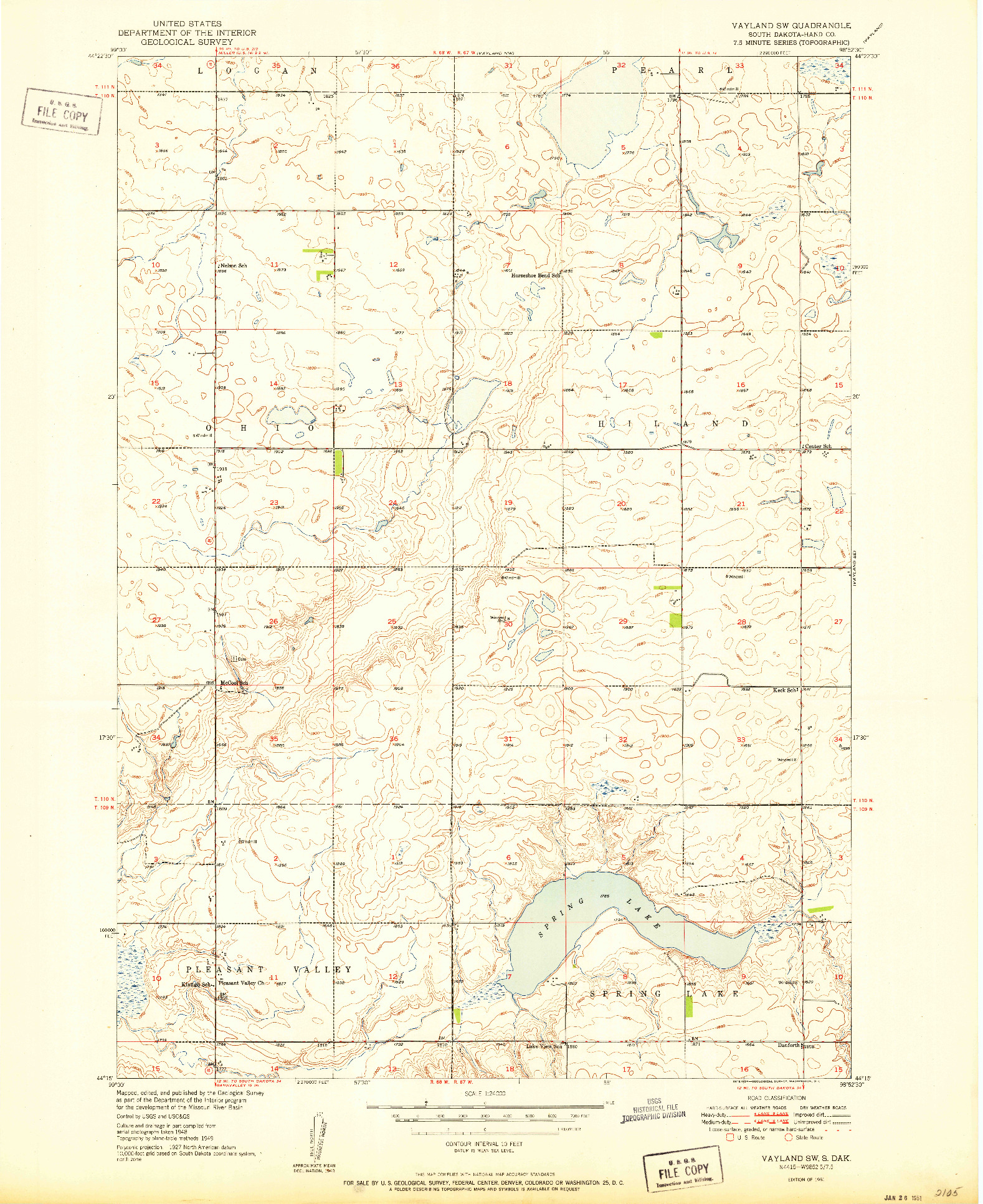 USGS 1:24000-SCALE QUADRANGLE FOR VAYLAND SW, SD 1951