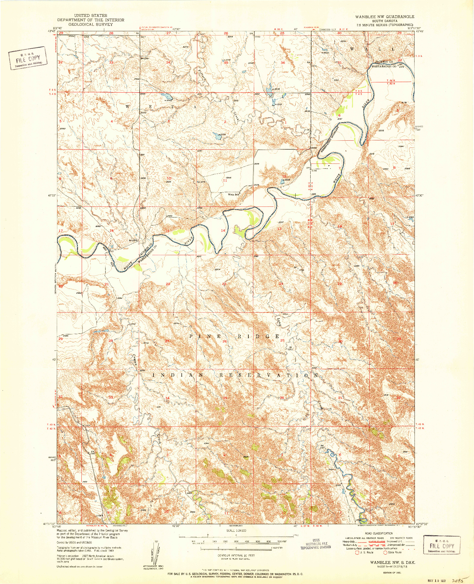 USGS 1:24000-SCALE QUADRANGLE FOR WANBLEE NW, SD 1951
