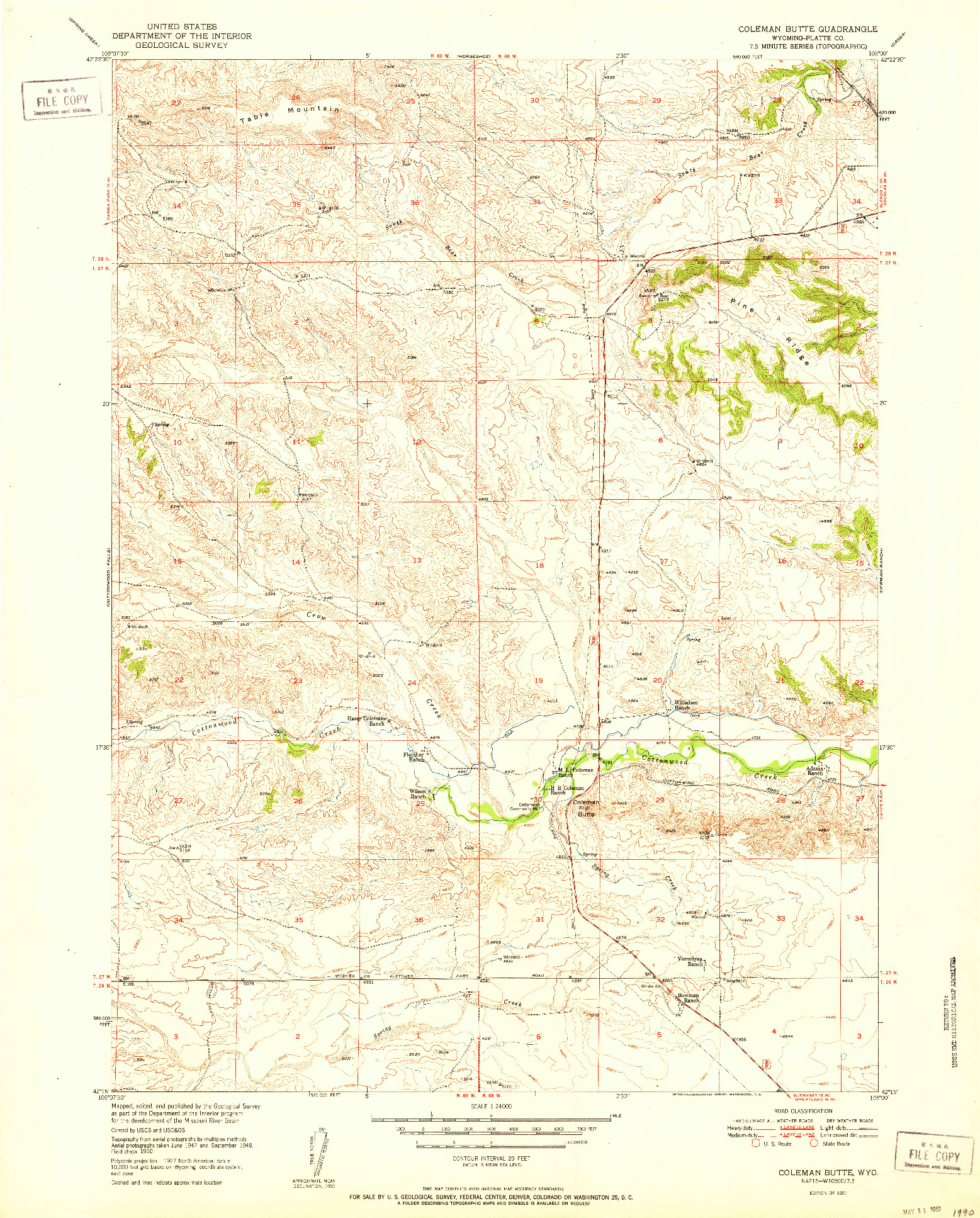 USGS 1:24000-SCALE QUADRANGLE FOR COLEMAN BUTTE, WY 1951