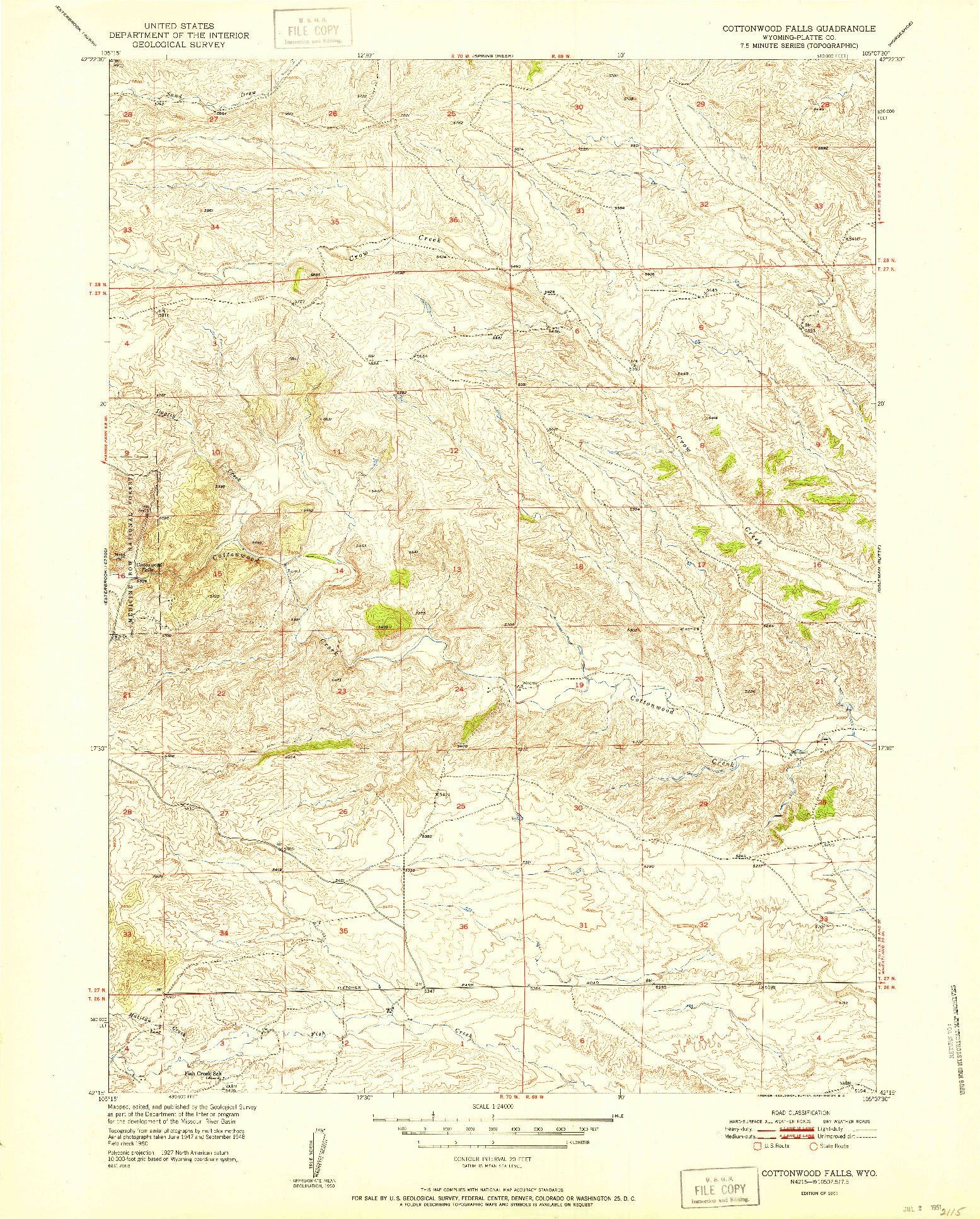 USGS 1:24000-SCALE QUADRANGLE FOR COTTONWOOD FALLS, WY 1951
