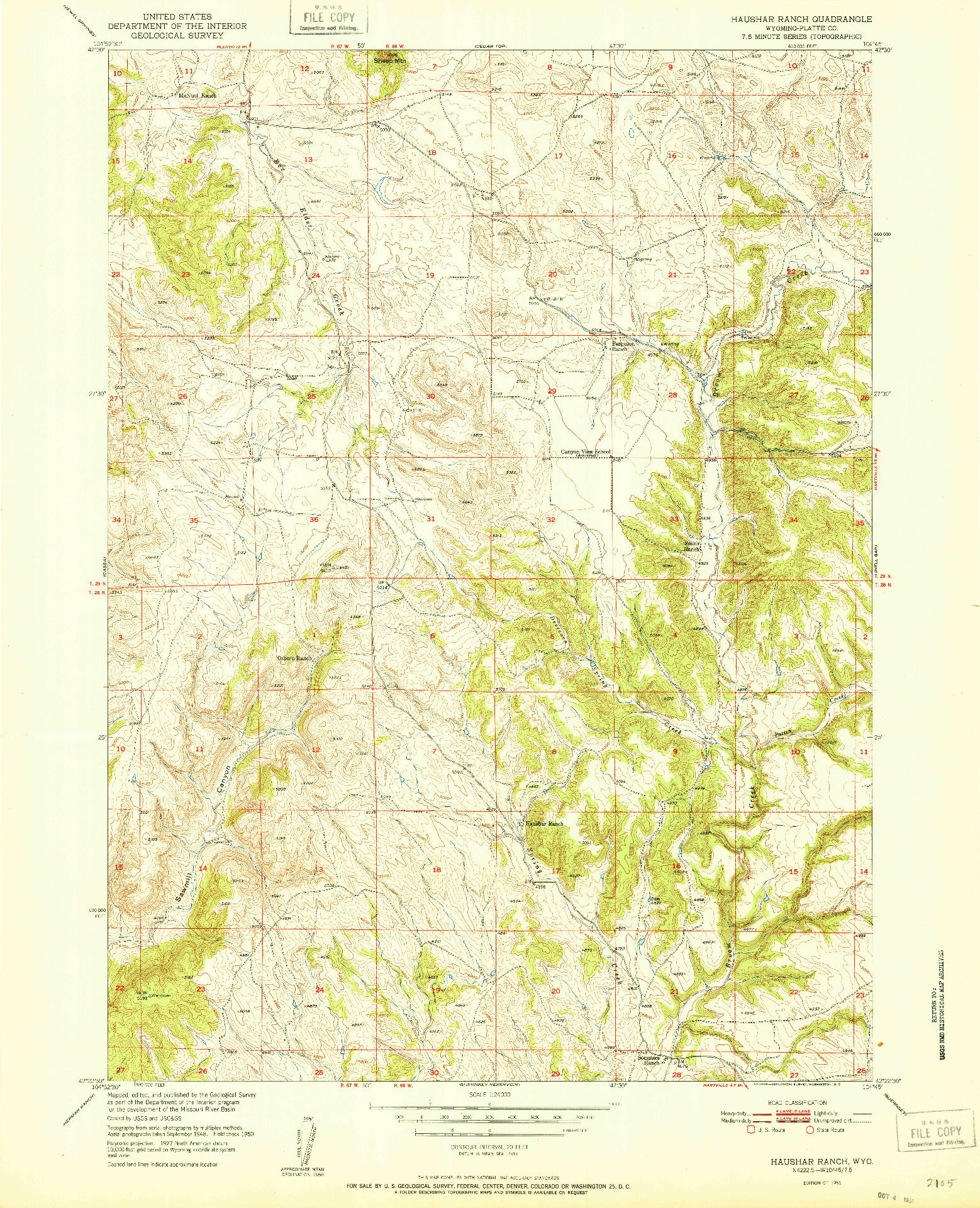 USGS 1:24000-SCALE QUADRANGLE FOR HAUSHAR RANCH, WY 1951