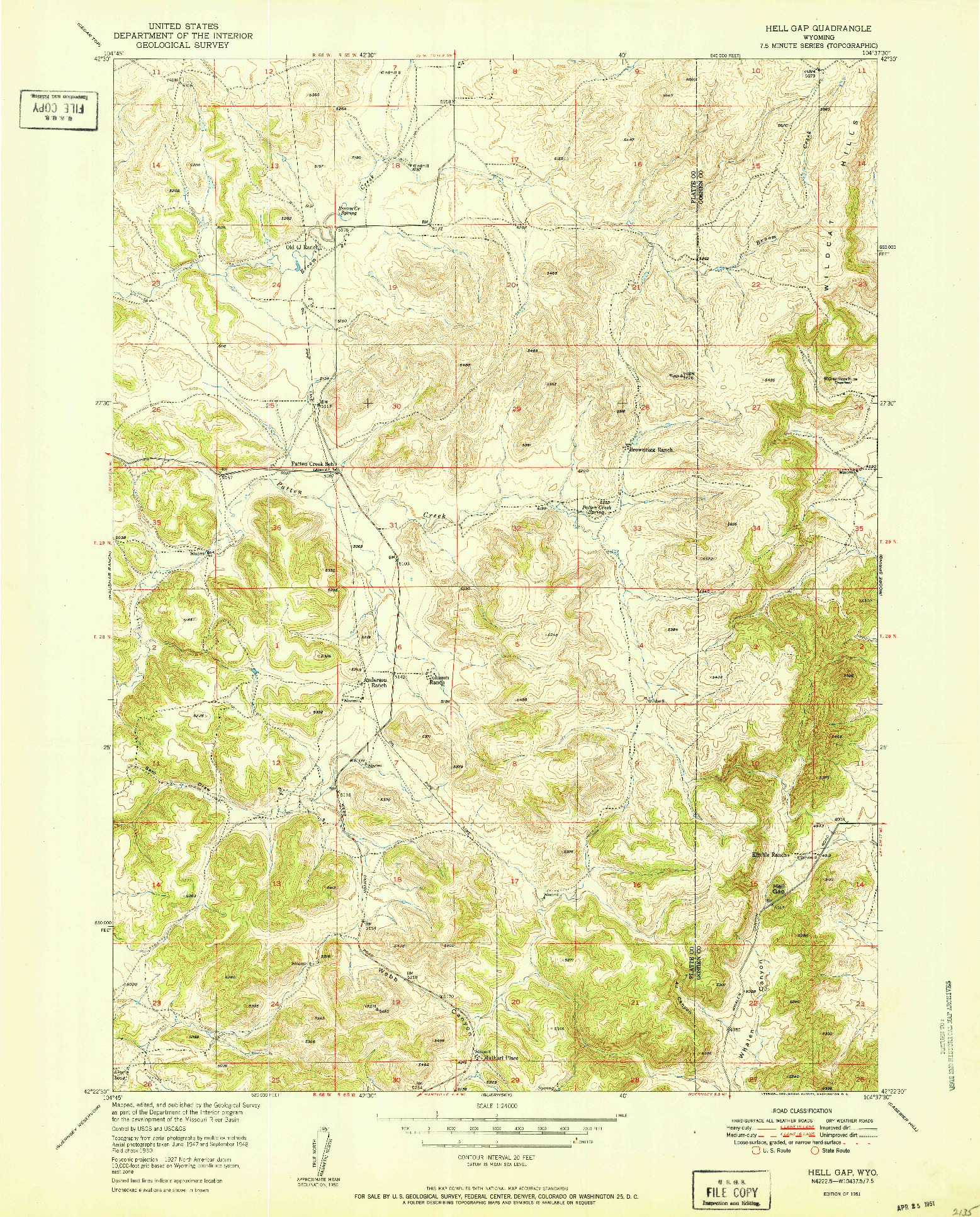 USGS 1:24000-SCALE QUADRANGLE FOR HELL GAP, WY 1951