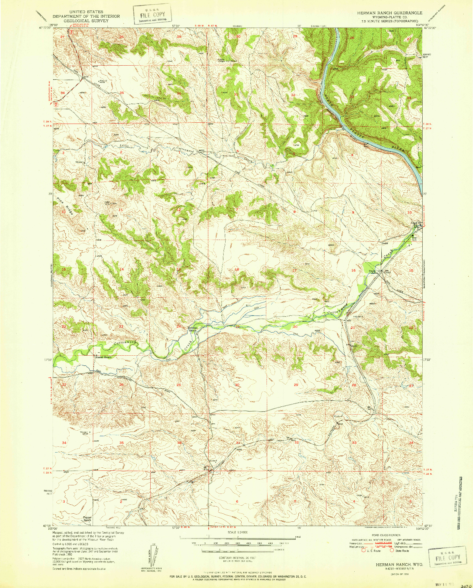 USGS 1:24000-SCALE QUADRANGLE FOR HERMAN RANCH, WY 1951