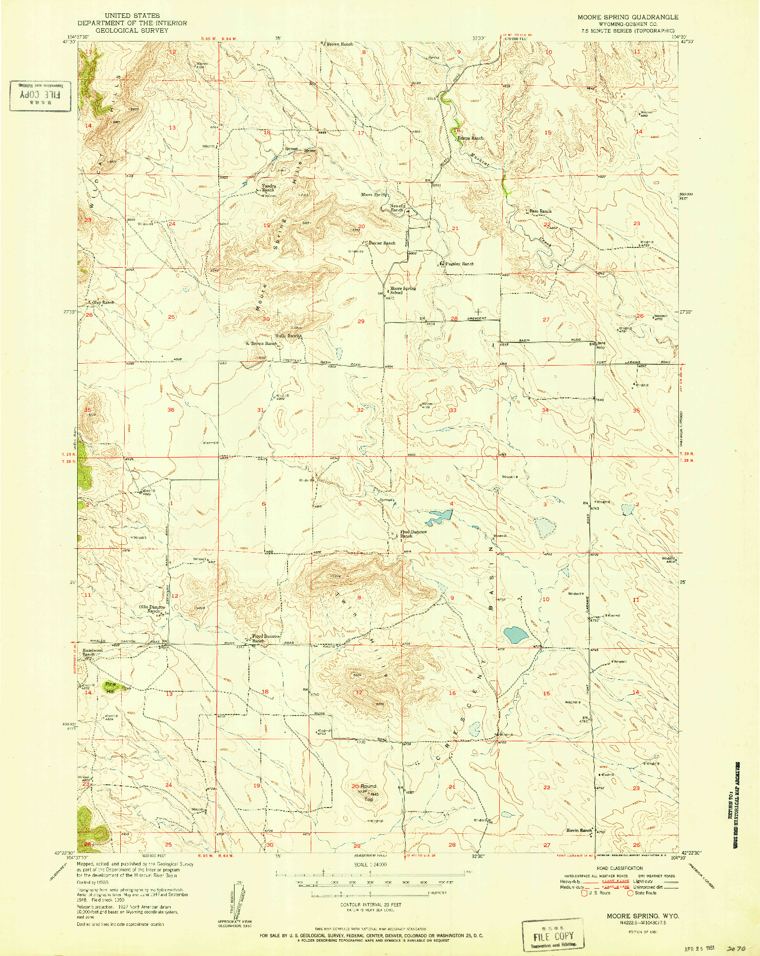 USGS 1:24000-SCALE QUADRANGLE FOR MOORE SPRING, WY 1951