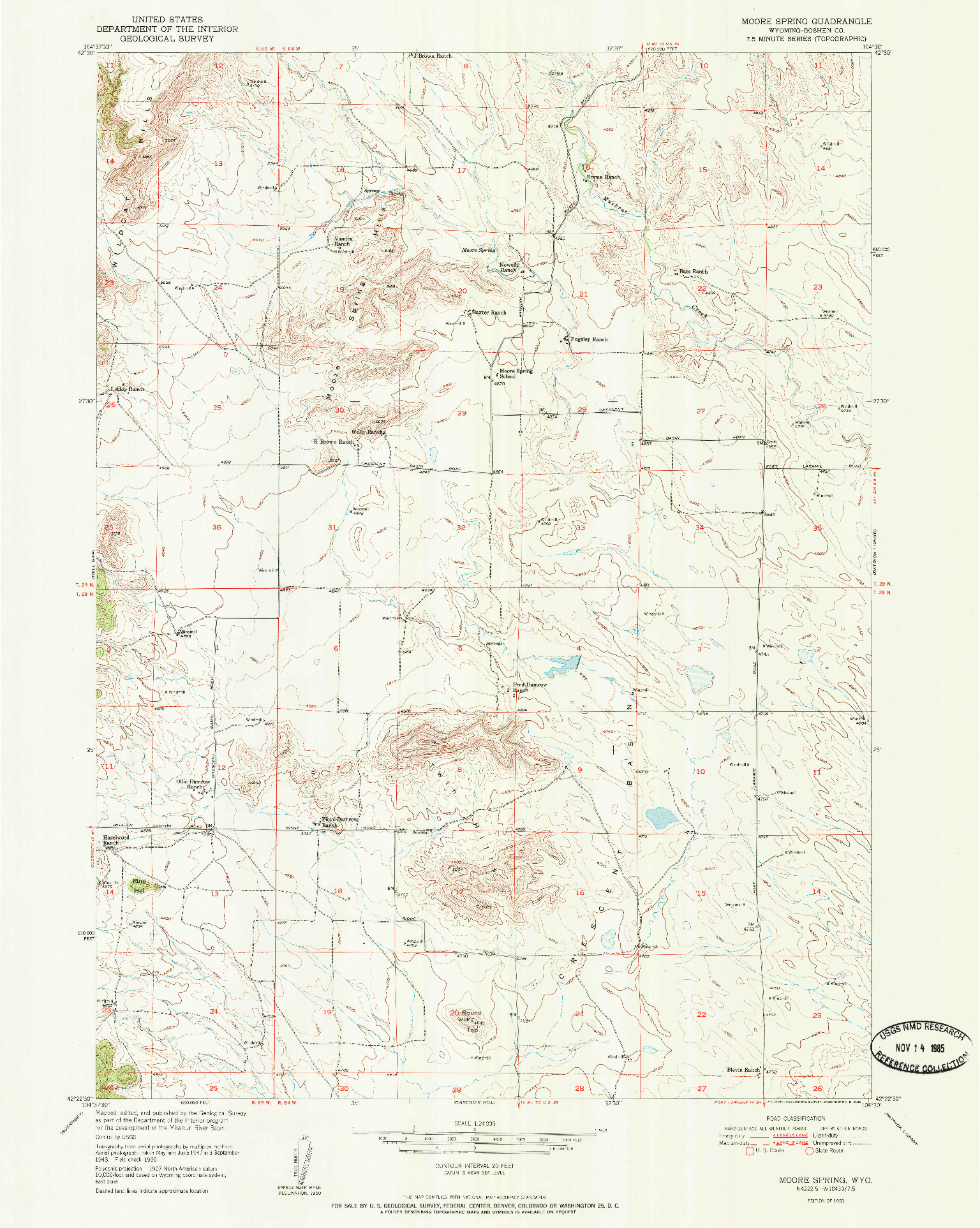 USGS 1:24000-SCALE QUADRANGLE FOR MOORE SPRING, WY 1951