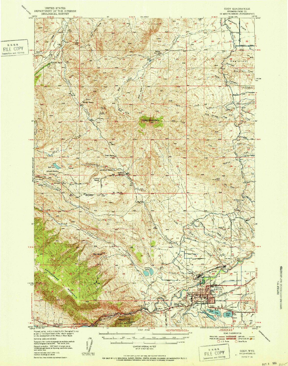 USGS 1:62500-SCALE QUADRANGLE FOR CODY, WY 1951