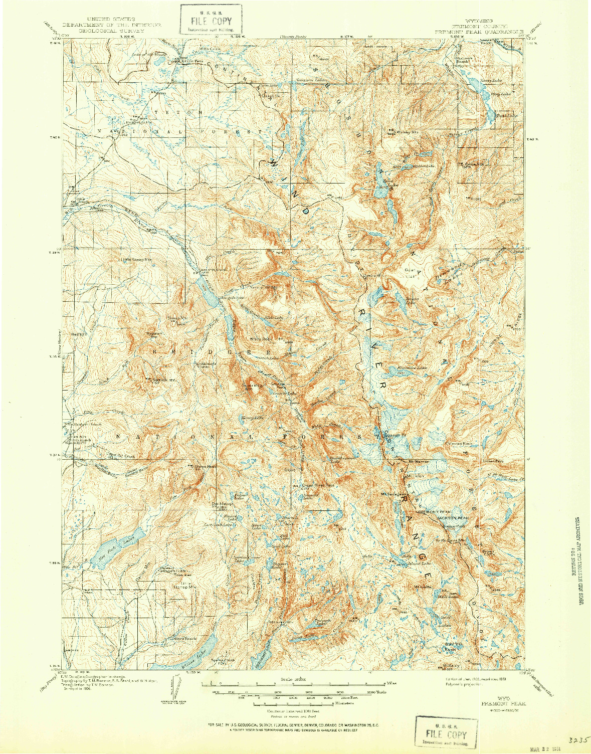 USGS 1:125000-SCALE QUADRANGLE FOR FREMONT PEAK, WY 1909