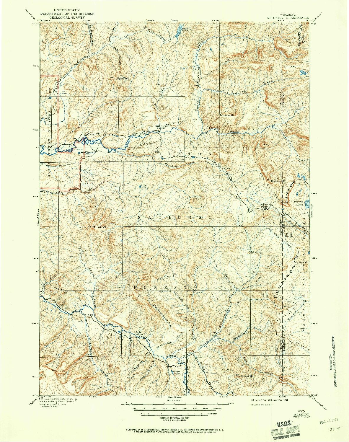 USGS 1:125000-SCALE QUADRANGLE FOR MT LEIDY, WY 1902