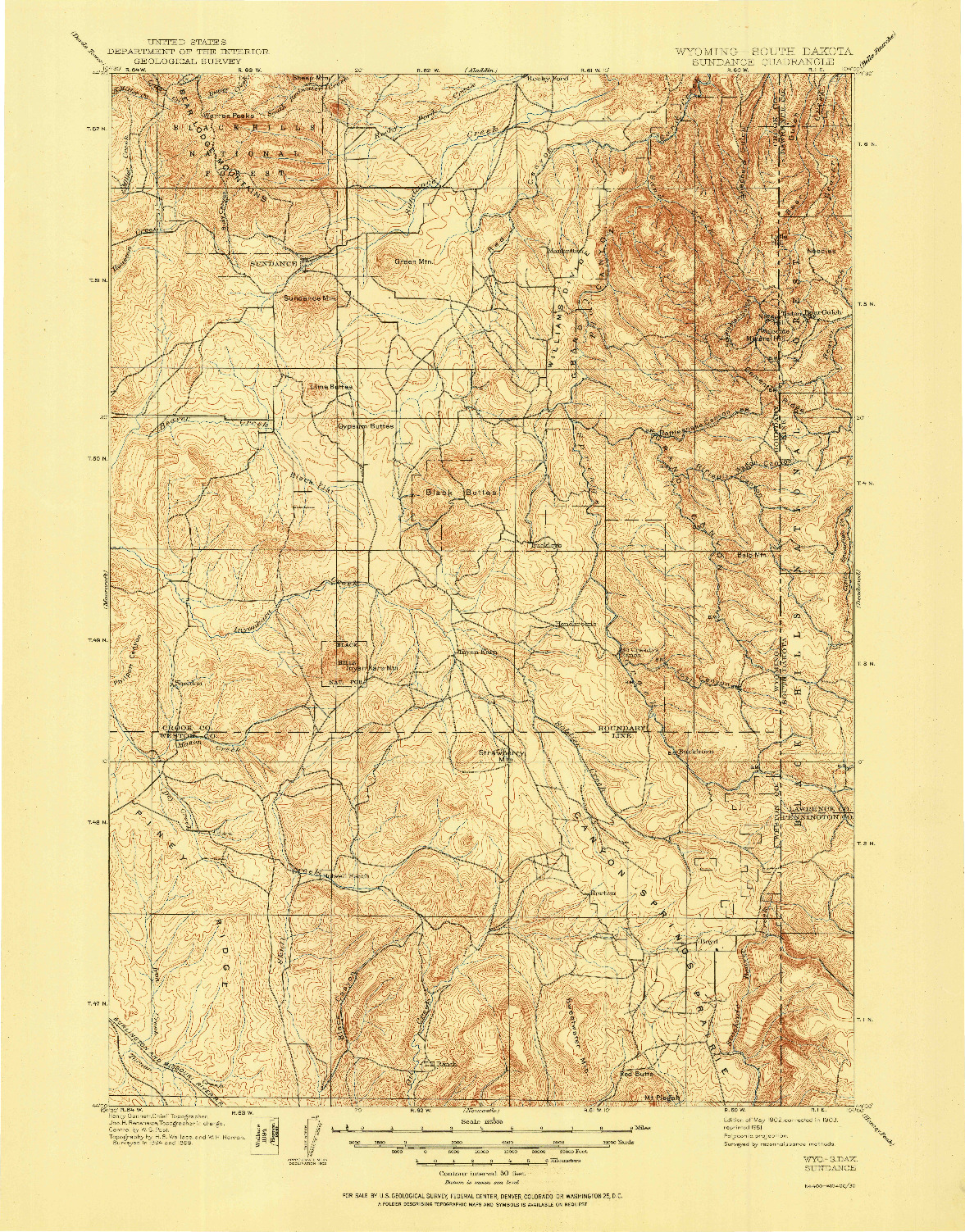 USGS 1:125000-SCALE QUADRANGLE FOR SUNDANCE, WY 1902