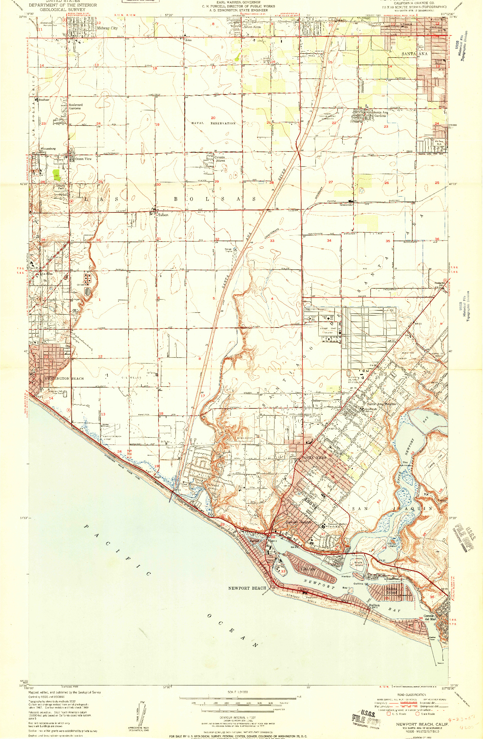 USGS 1:24000-SCALE QUADRANGLE FOR NEWPORT BEACH, CA 1951