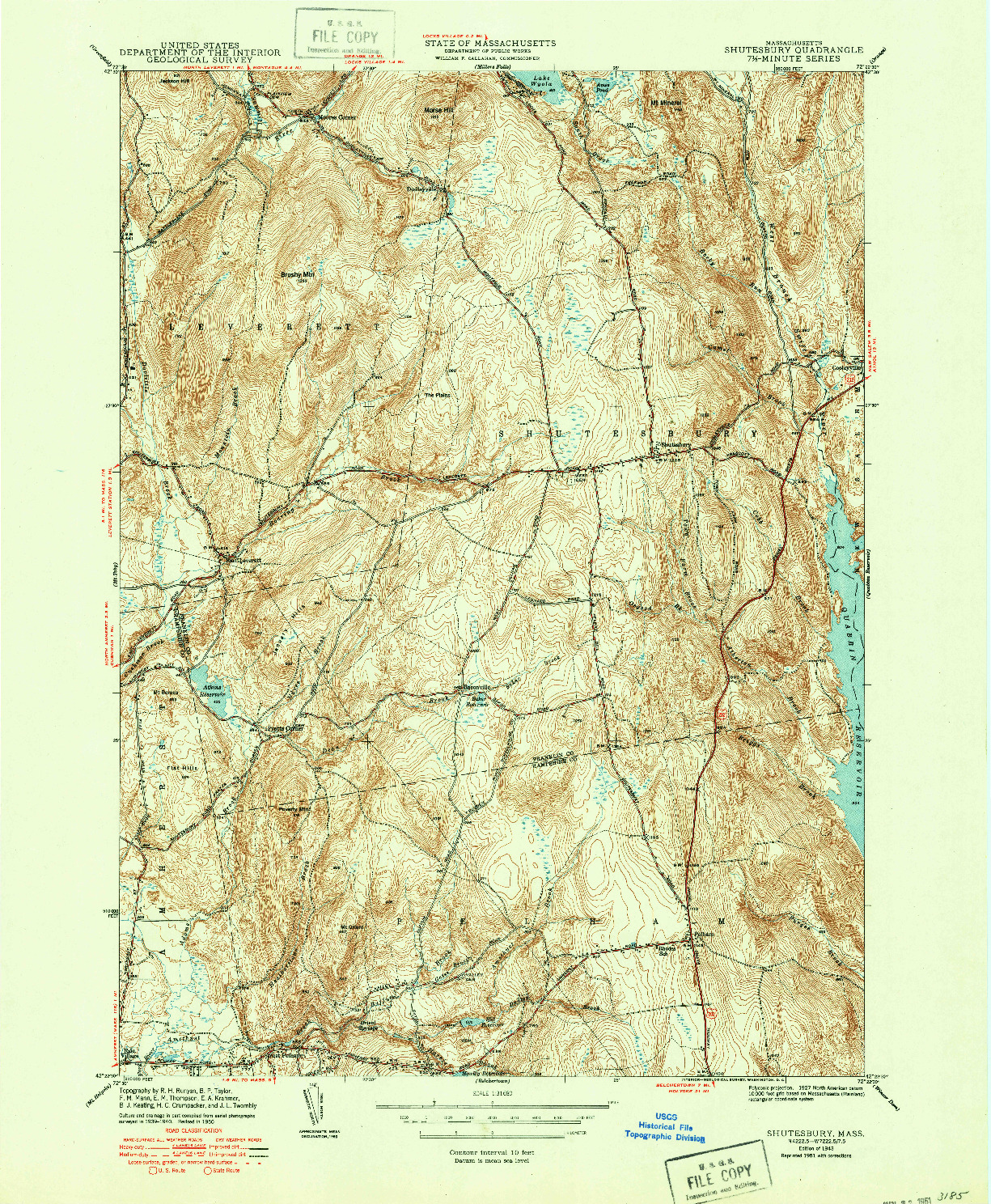 USGS 1:31680-SCALE QUADRANGLE FOR SHUTESBURY, MA 1943