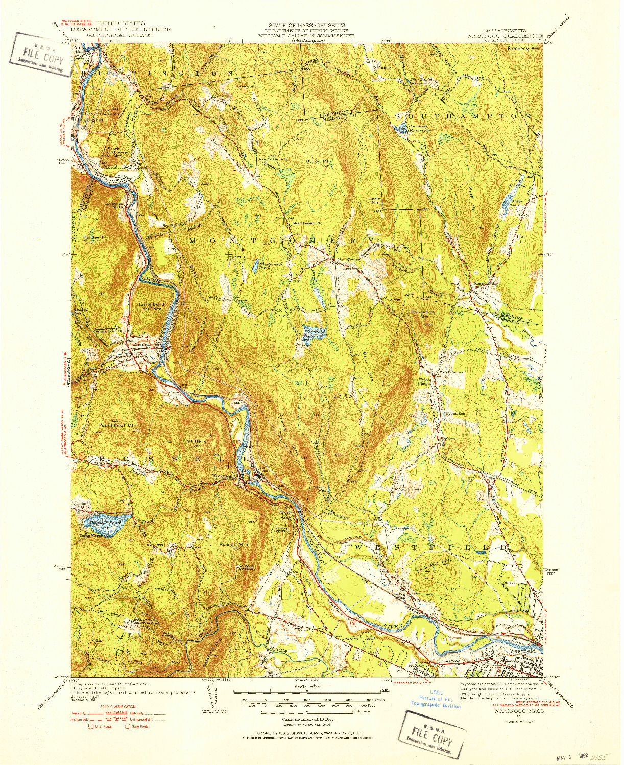 USGS 1:31680-SCALE QUADRANGLE FOR WORONOCO, MA 1951