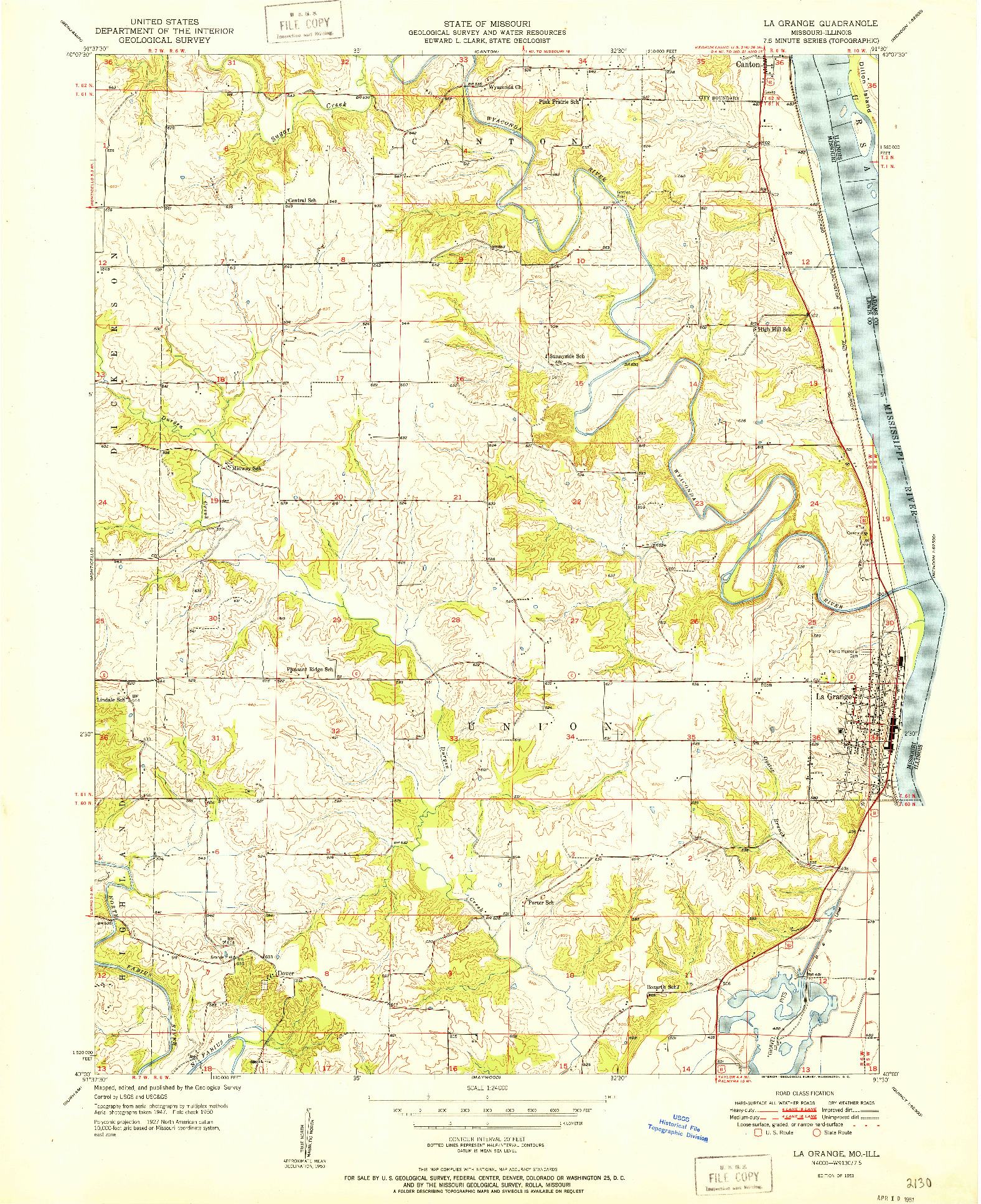 USGS 1:24000-SCALE QUADRANGLE FOR LA GRANGE, MO 1951