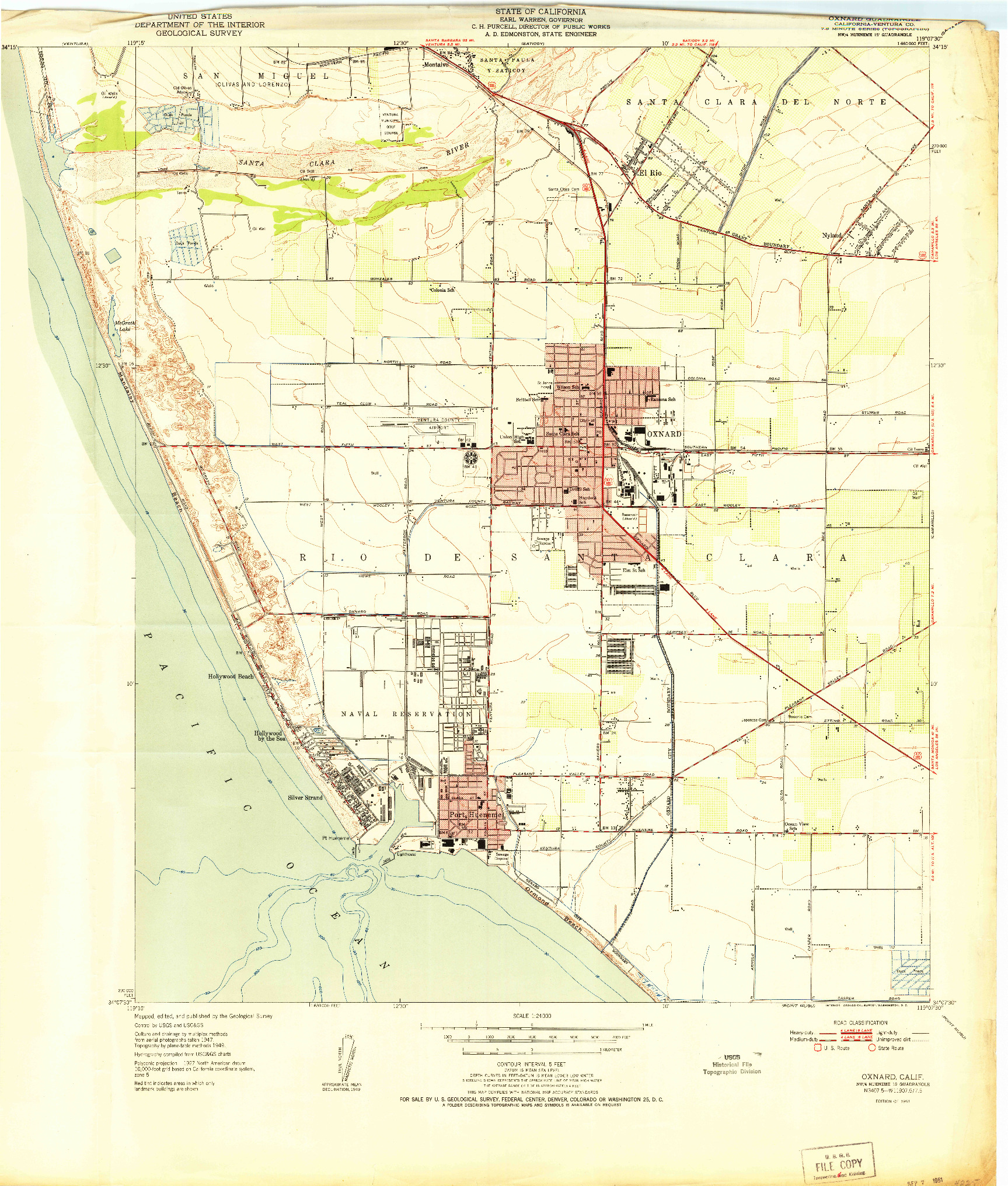 USGS 1:24000-SCALE QUADRANGLE FOR OXNARD, CA 1951