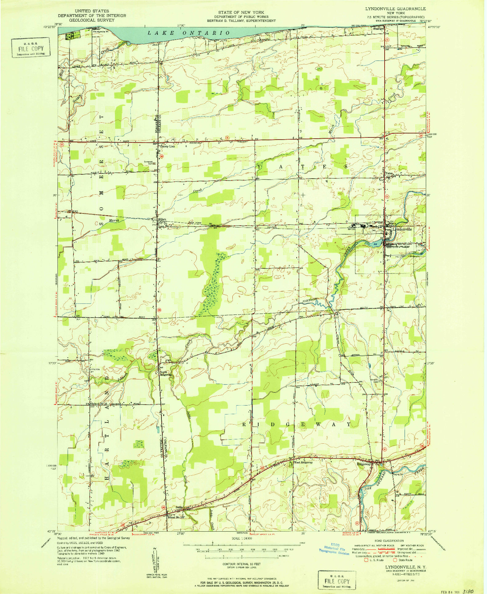 USGS 1:24000-SCALE QUADRANGLE FOR LYNDONVILLE, NY 1951