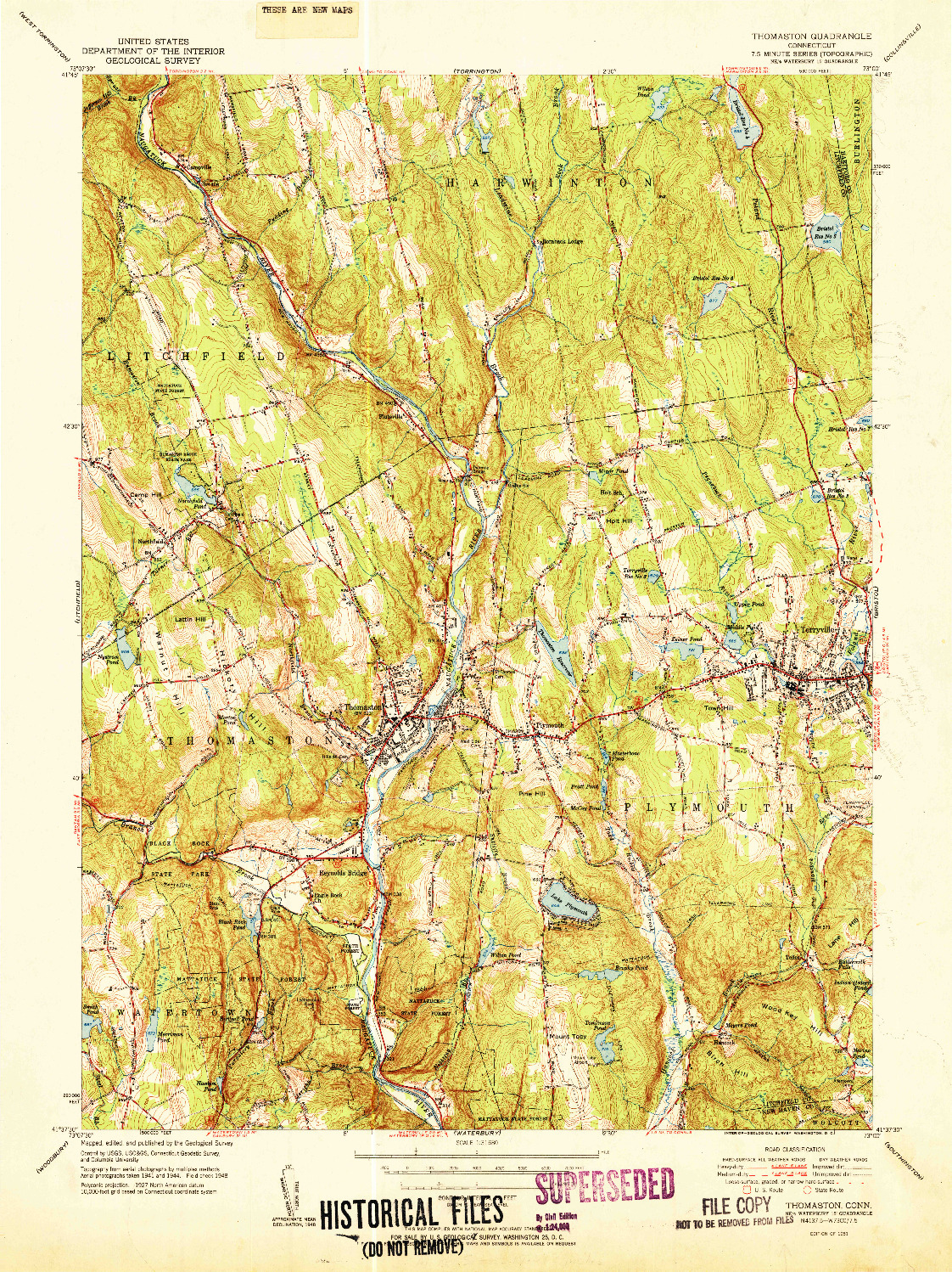 USGS 1:31680-SCALE QUADRANGLE FOR THOMASTON, CT 1951