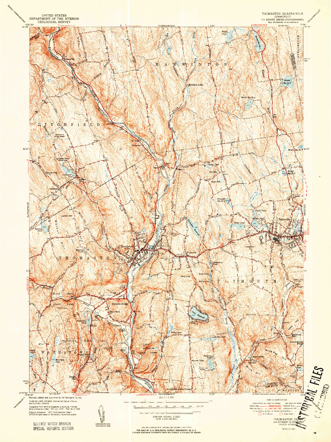 USGS 1:31680-SCALE QUADRANGLE FOR THOMASTON, CT 1951