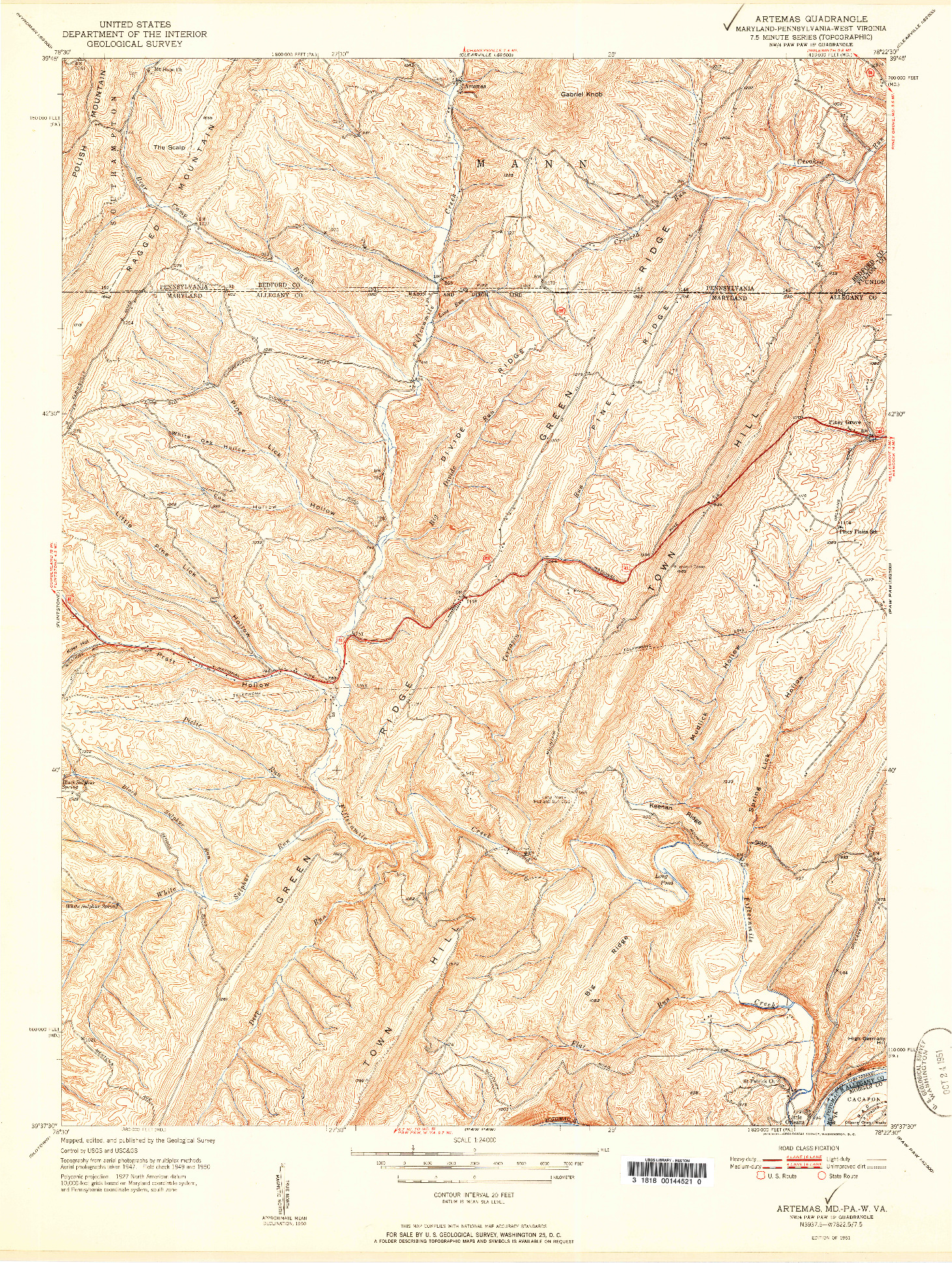 USGS 1:24000-SCALE QUADRANGLE FOR ARTEMAS, MD 1951