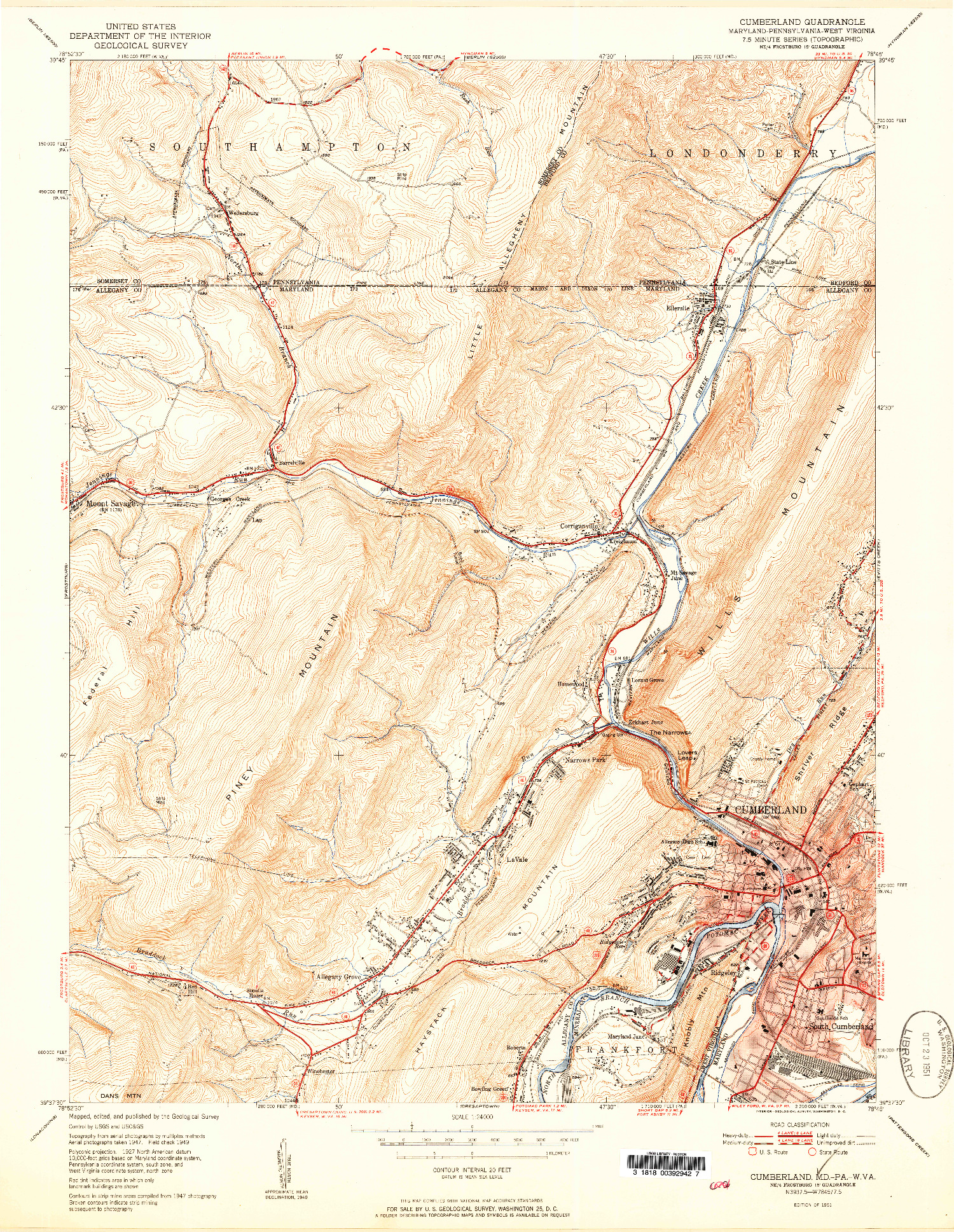 USGS 1:24000-SCALE QUADRANGLE FOR CUMBERLAND, MD 1951
