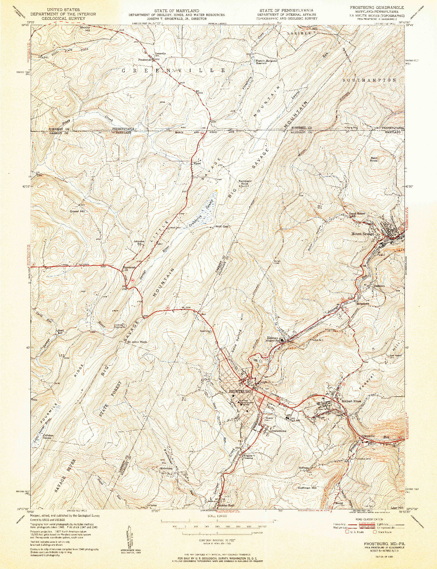 USGS 1:24000-SCALE QUADRANGLE FOR FROSTBURG, MD 1951