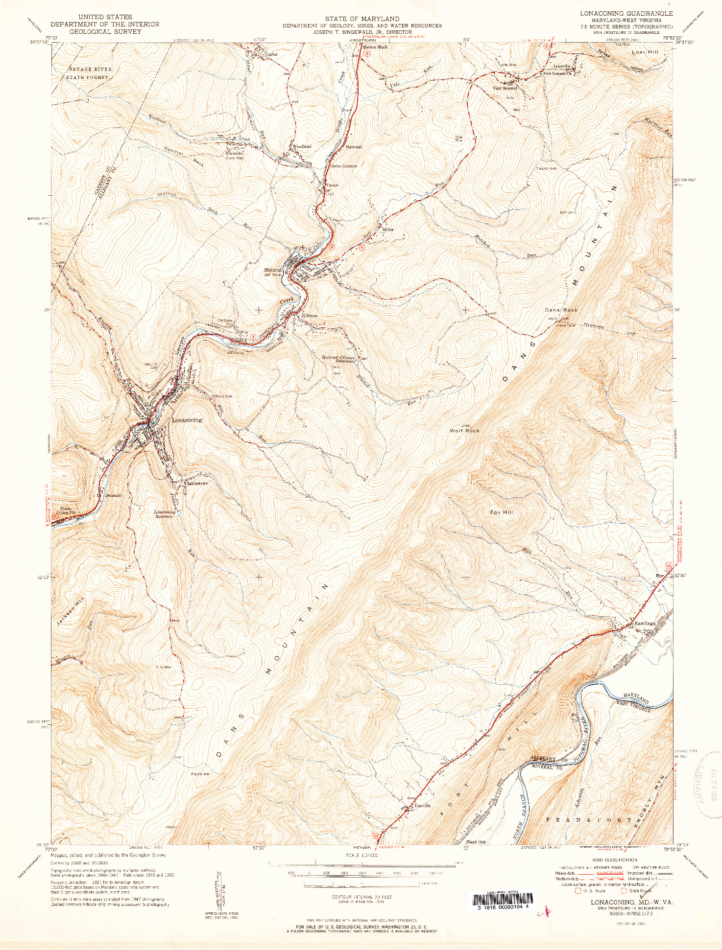 USGS 1:24000-SCALE QUADRANGLE FOR LONACONING, MD 1951