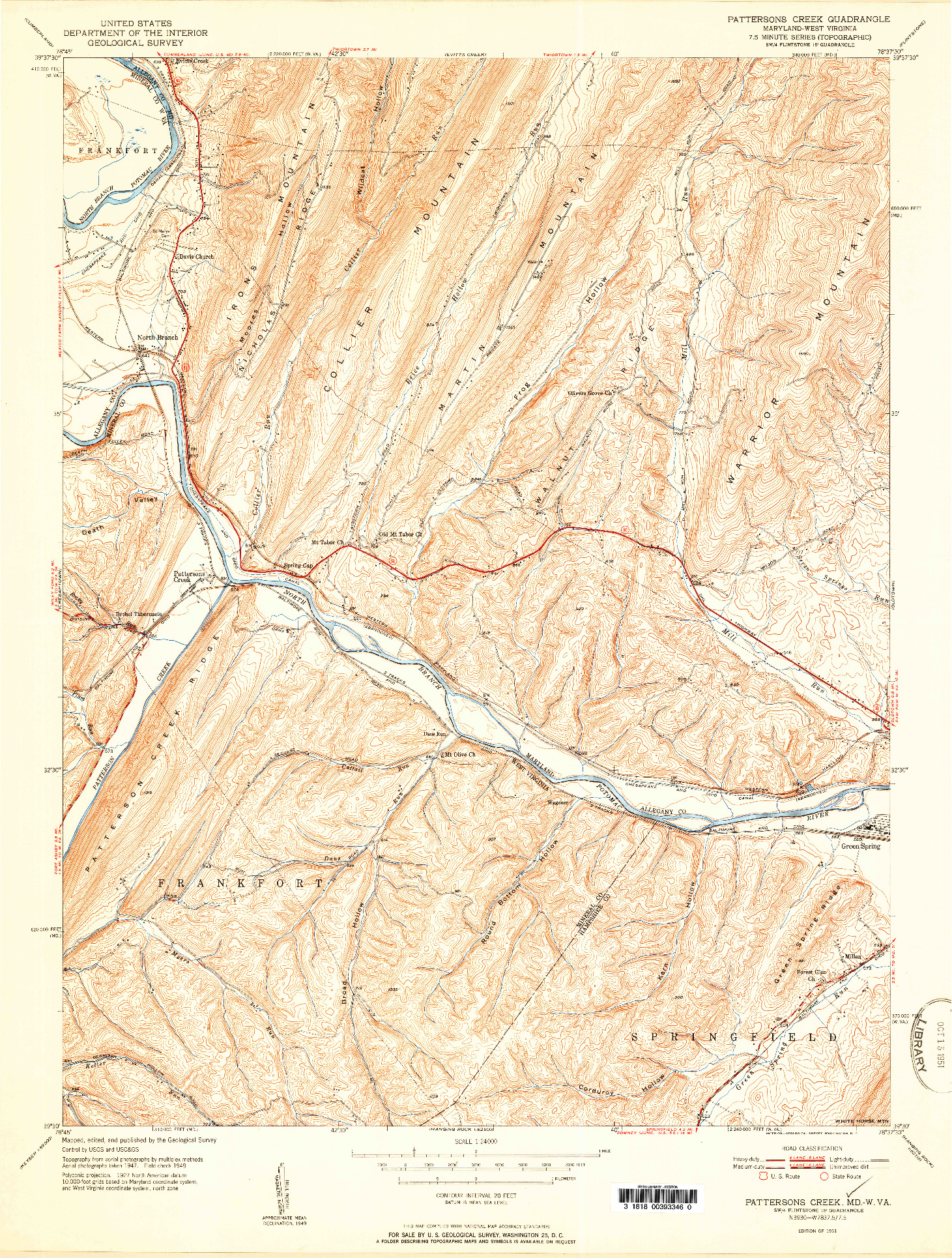 USGS 1:24000-SCALE QUADRANGLE FOR PATTERSONS CREEK, MD 1951