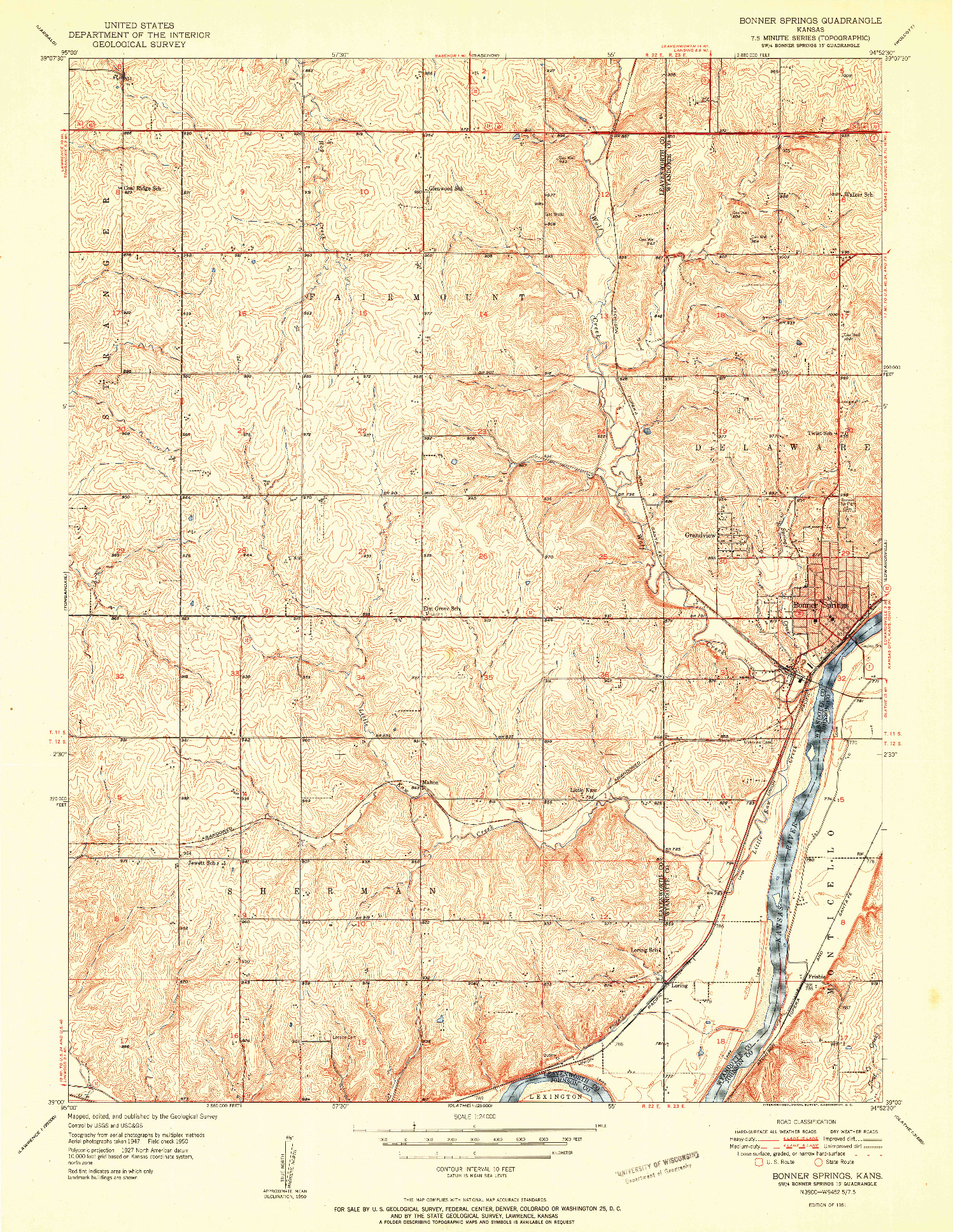 USGS 1:24000-SCALE QUADRANGLE FOR BONNER SPRINGS, KS 1951