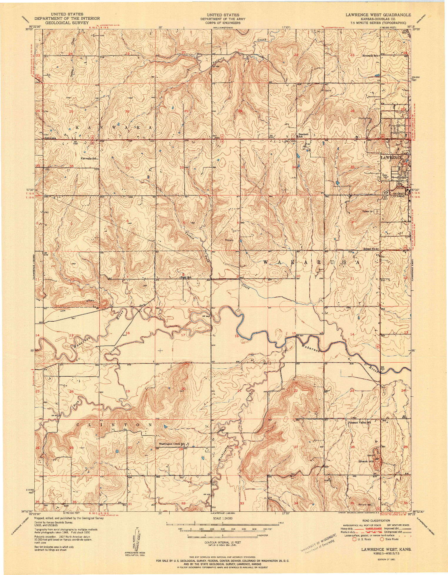 USGS 1:24000-SCALE QUADRANGLE FOR LAWRENCE WEST, KS 1951