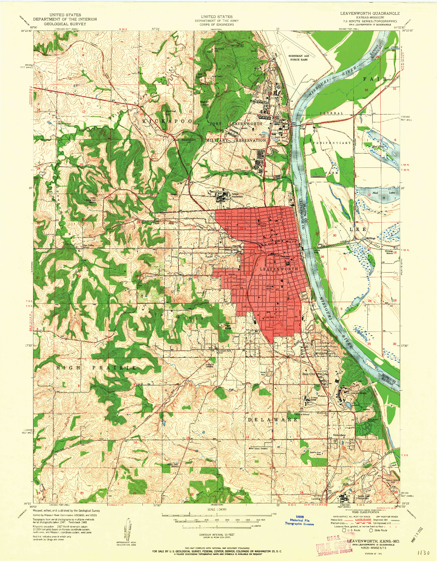 USGS 1:24000-SCALE QUADRANGLE FOR LEAVENWORTH, KS 1951